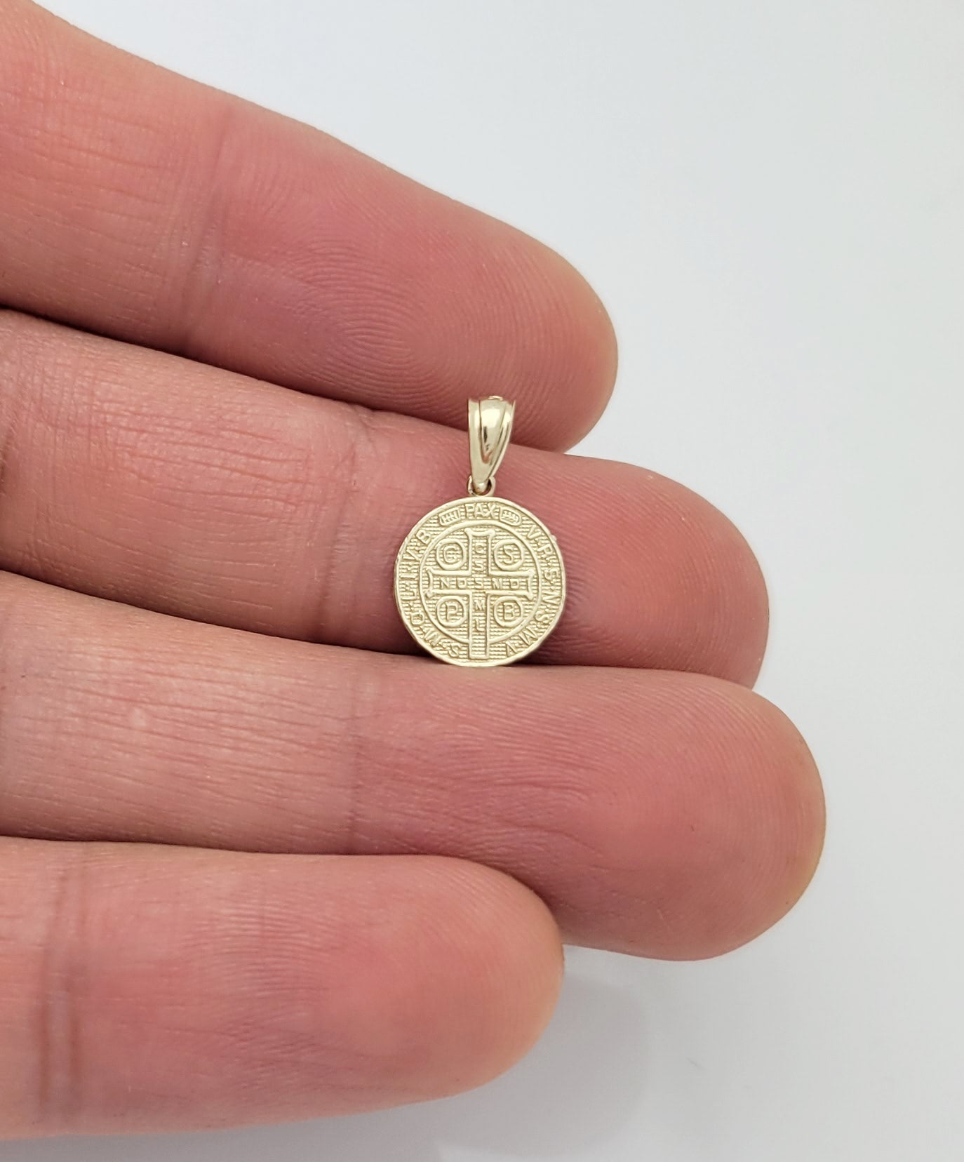 10k Yellow Gold Medalla De San Benito Saint Benedict of Nursia Pendant Charm Small
