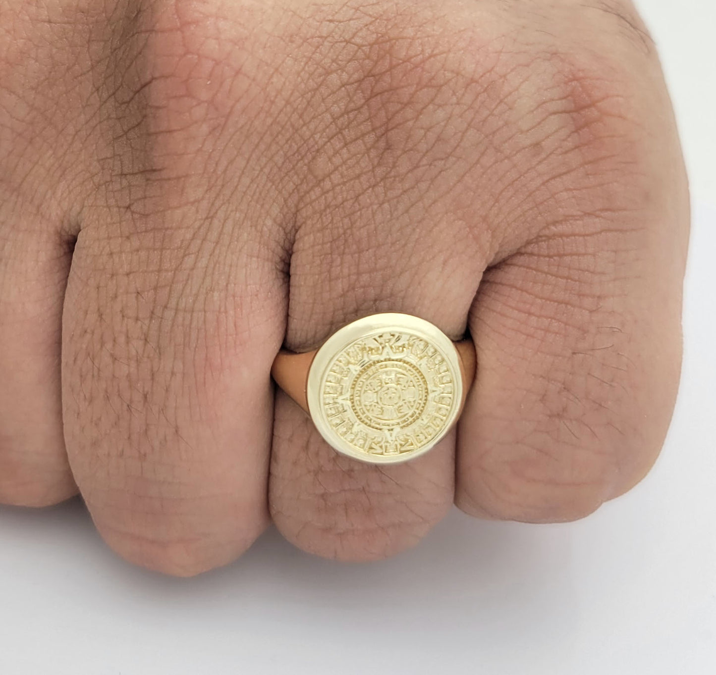 10K Yellow Gold Aztec Mayan Calendar Ring Mens Aztec Calendar Gold Ring 16 mm
