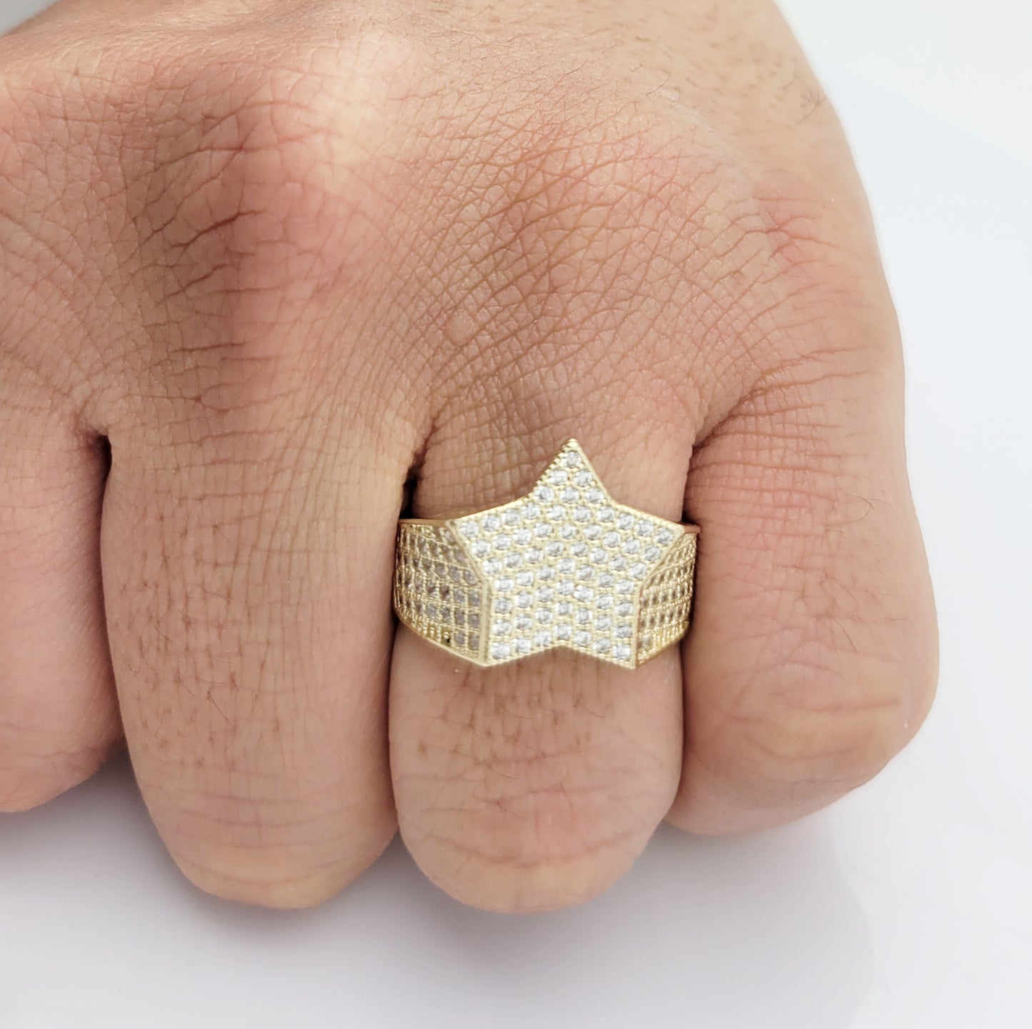 10K Yellow Gold Iced Out Star Ring - Hip Hop Style Five-Point Star CZ Statement Ring for Men, Bling Ring Jewelry - Stunu jewelry