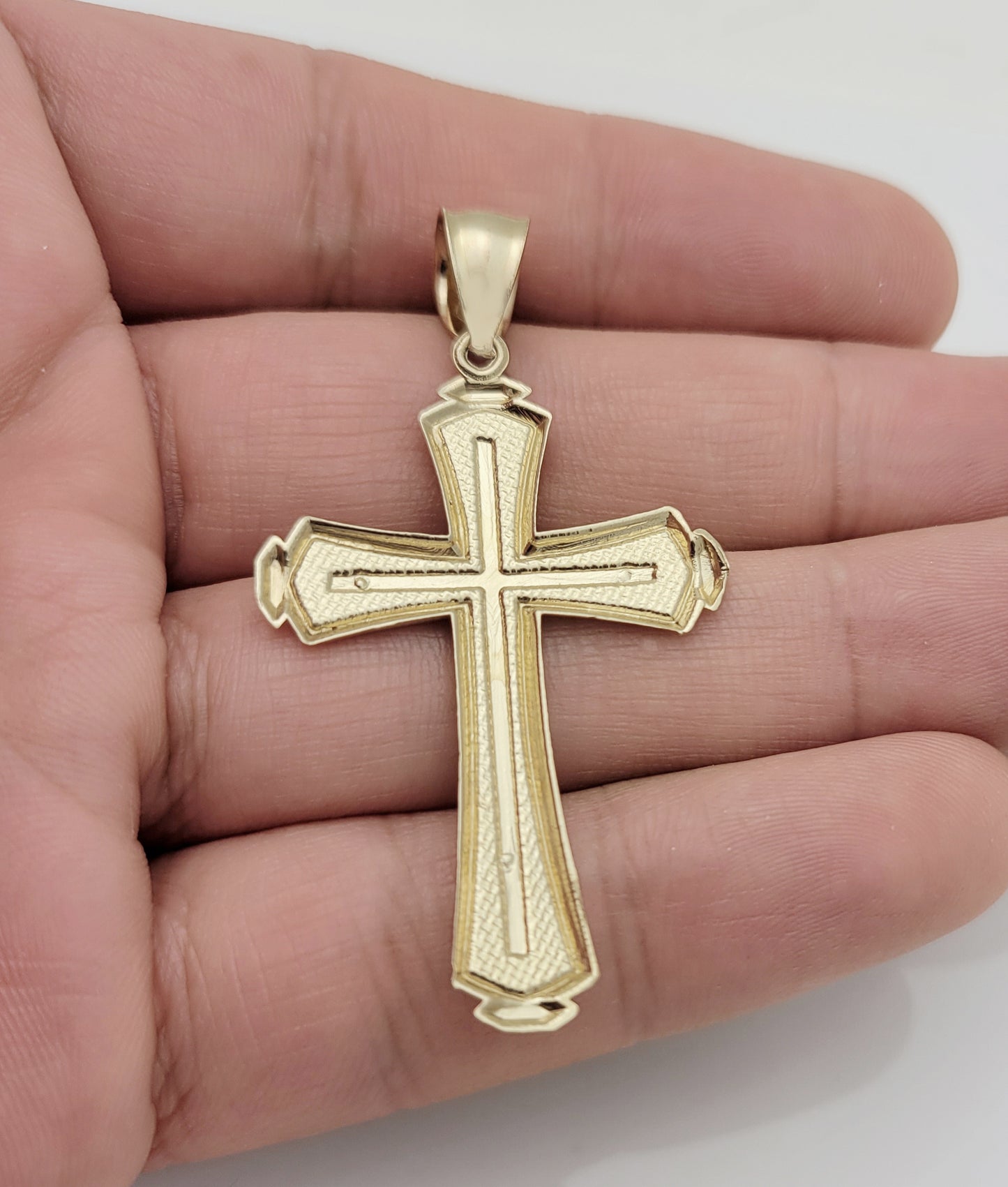 Mens 10k Yellow Gold Cross Pendant Diamond Cut Gold Crucifix Charm 2.1 inch