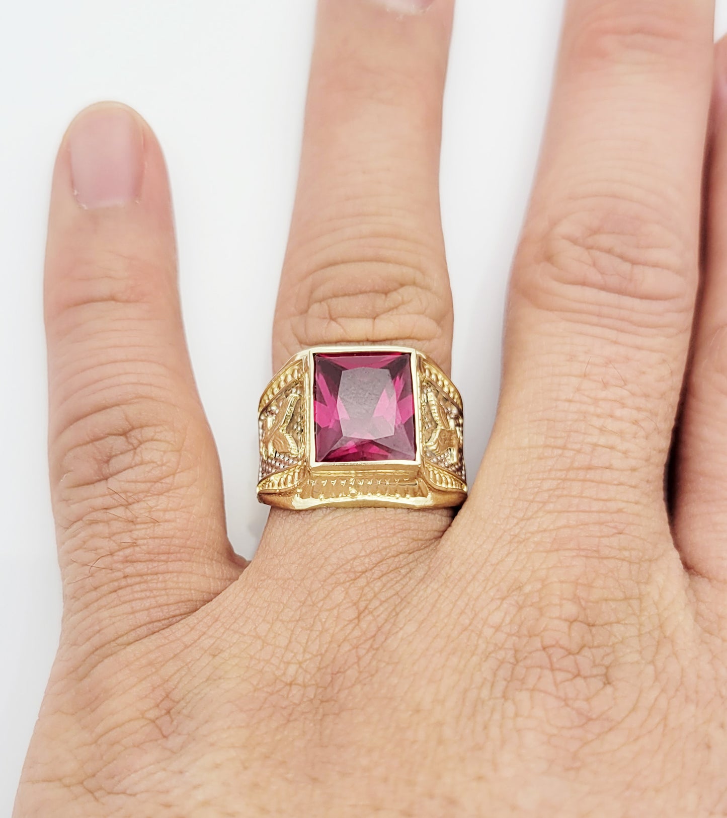 10K Yellow Gold Mens Emerald Cut Red Stone Ring Eagle On the Side American Eagle Ring
