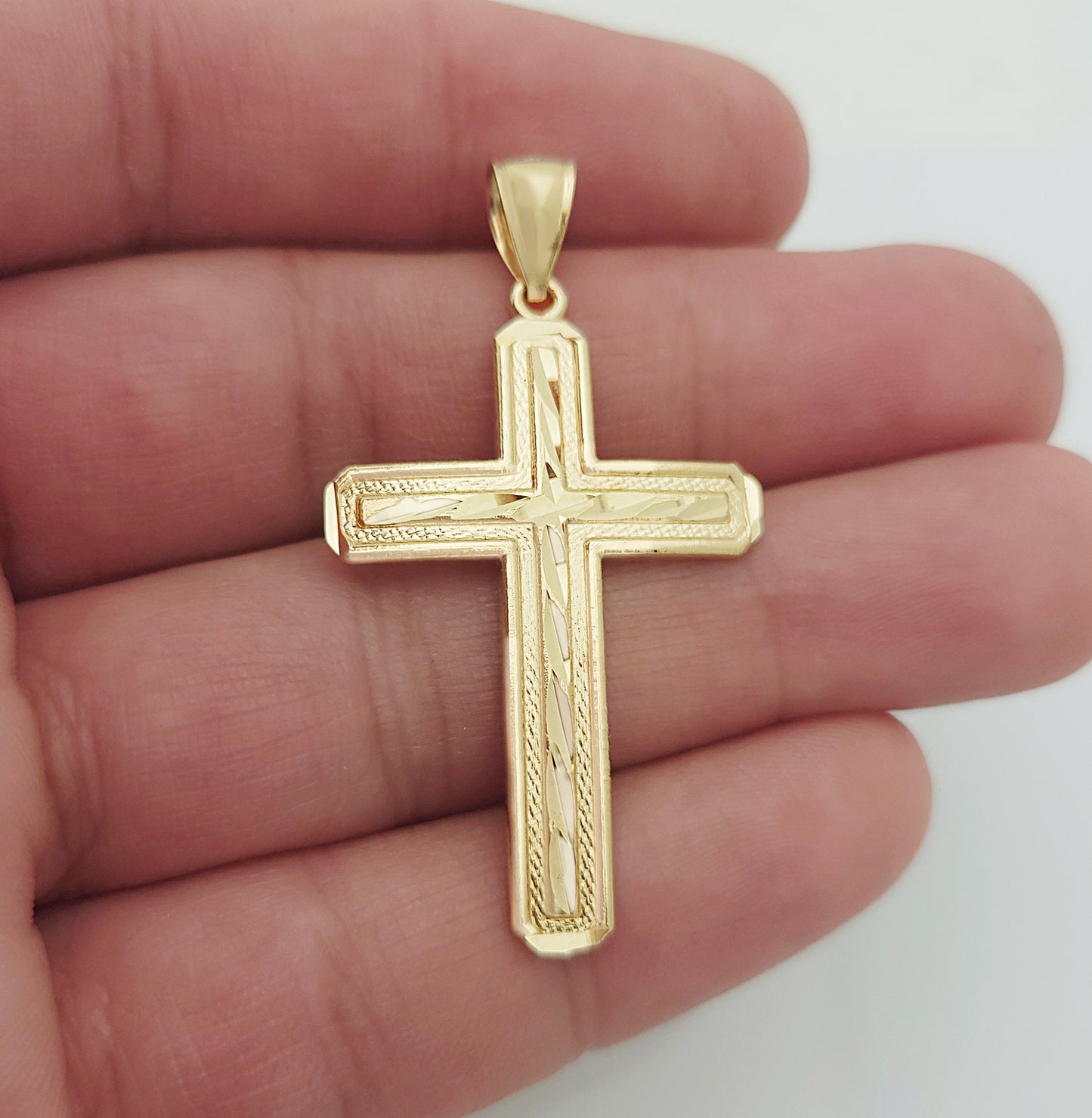 Mens 10k Yellow Gold Cross Pendant Diamond Cut Gold Crucifix Charm 1.8 inch