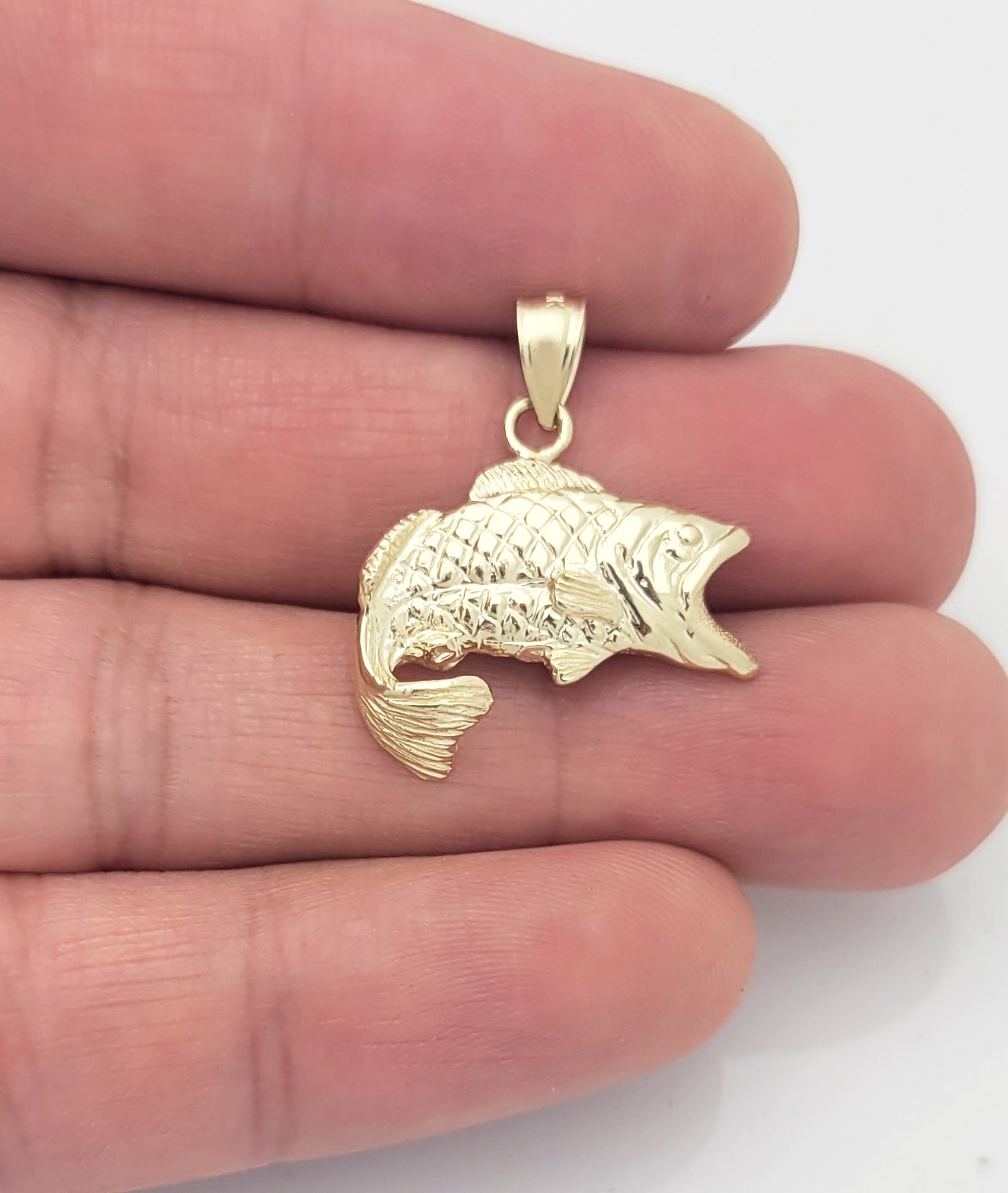 10K Yellow Gold Bass Necklace Pendant Large Mouth Bass Charm Fish