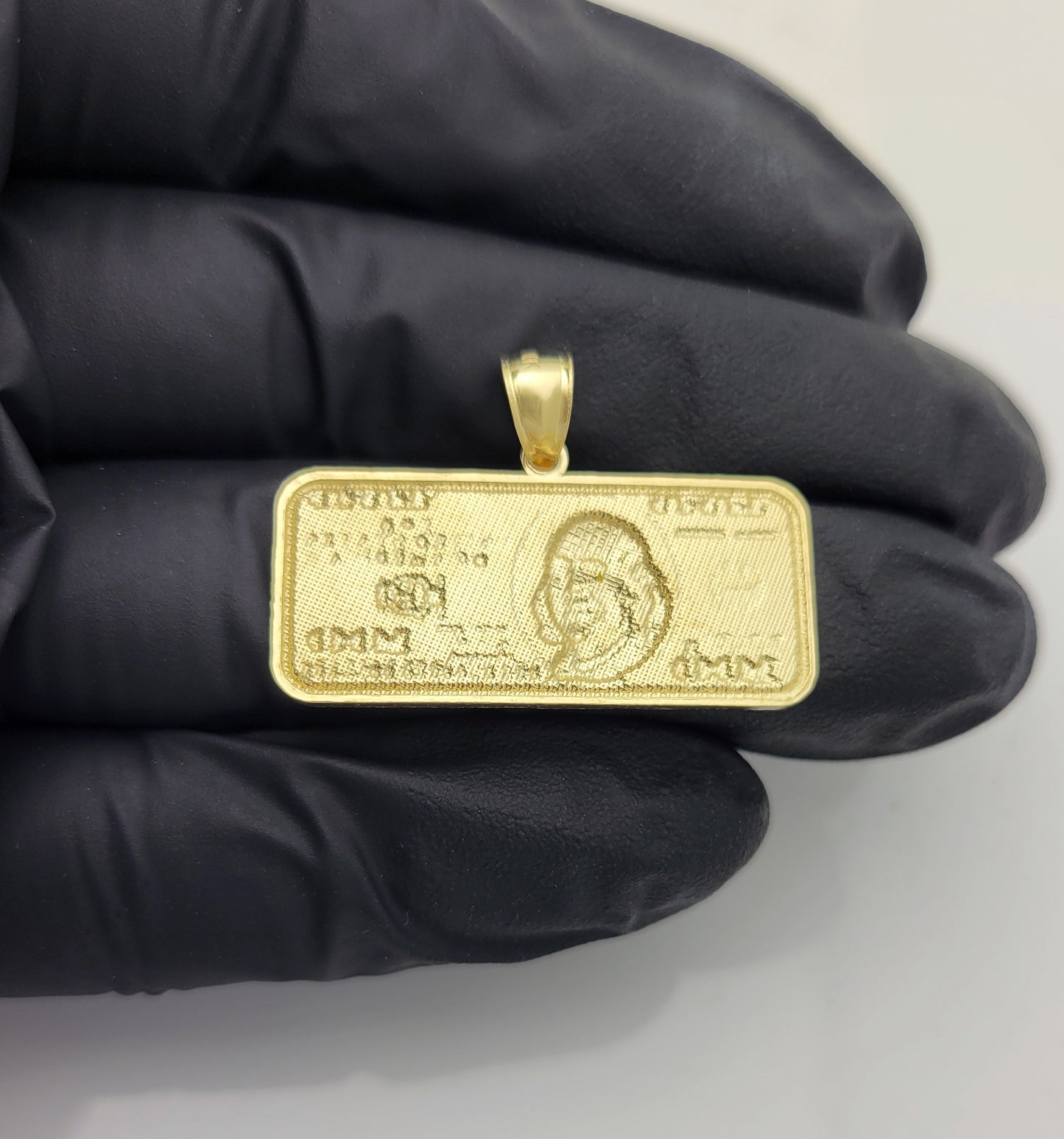 Mens 10K Yellow Gold Hundred Dollar Bill Pendant Benjamin Franklin 1.3 inch
