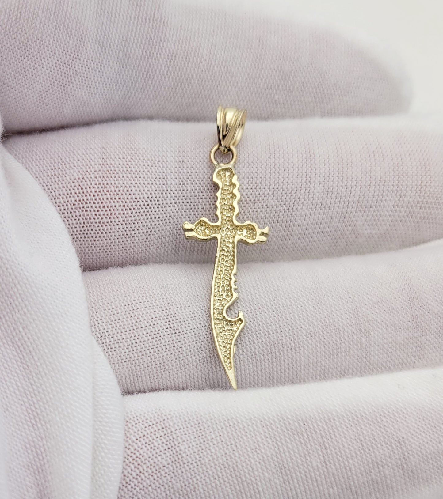 10K Yellow Gold Fantasy Dragon Dagger Pendant, 1.5" Small Curved Scimitar Sword Charm, Warrior Knife Jewelry - Stunu jewelry