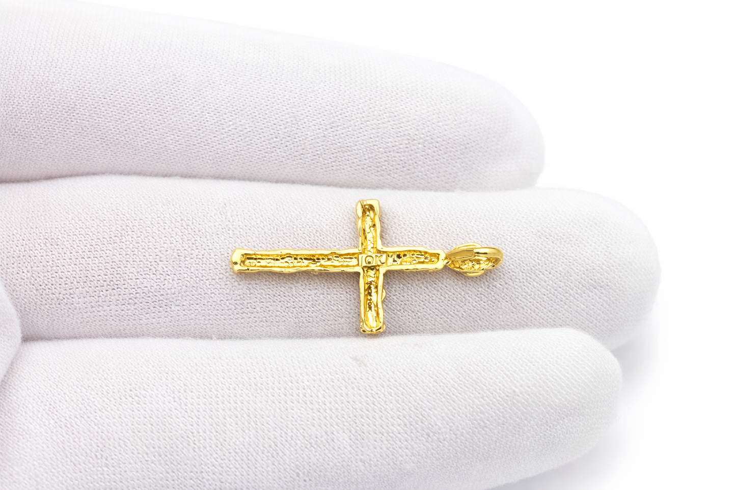 10K Yellow Gold Nugget Cross Pendant, Textured Wood Branch Design, Solid Gold Religious Necklace Charm