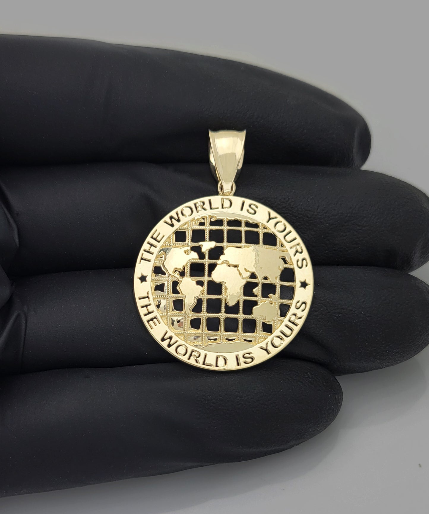 10K Yellow Gold World Map Pendant Globe Charm Diamerer 1.1 inch(1.5 in x 1.1 in) World Is Yours