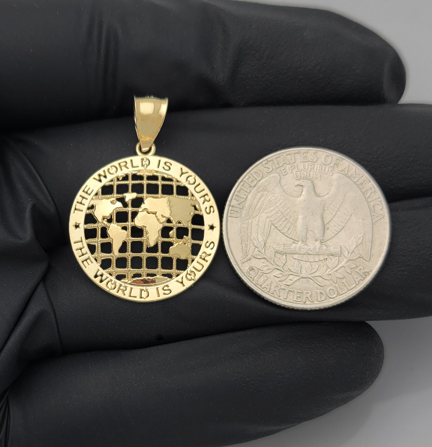 10K Yellow Gold World Map Pendant Globe Charm Diamerer 0.85 inch(1.2 in x 0.85 in) World Is Yours