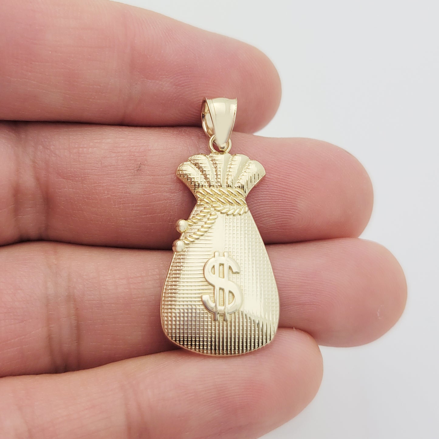 10K Yellow Gold Dollar Sign Money Bag Pendant – Wealth Symbol Gold Charm Necklace