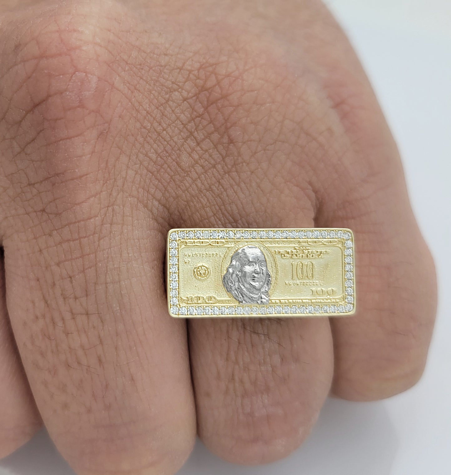 10K Yellow Gold Hundred Dollar Bill Ring Benjamin Franklin Ring CZ Ring