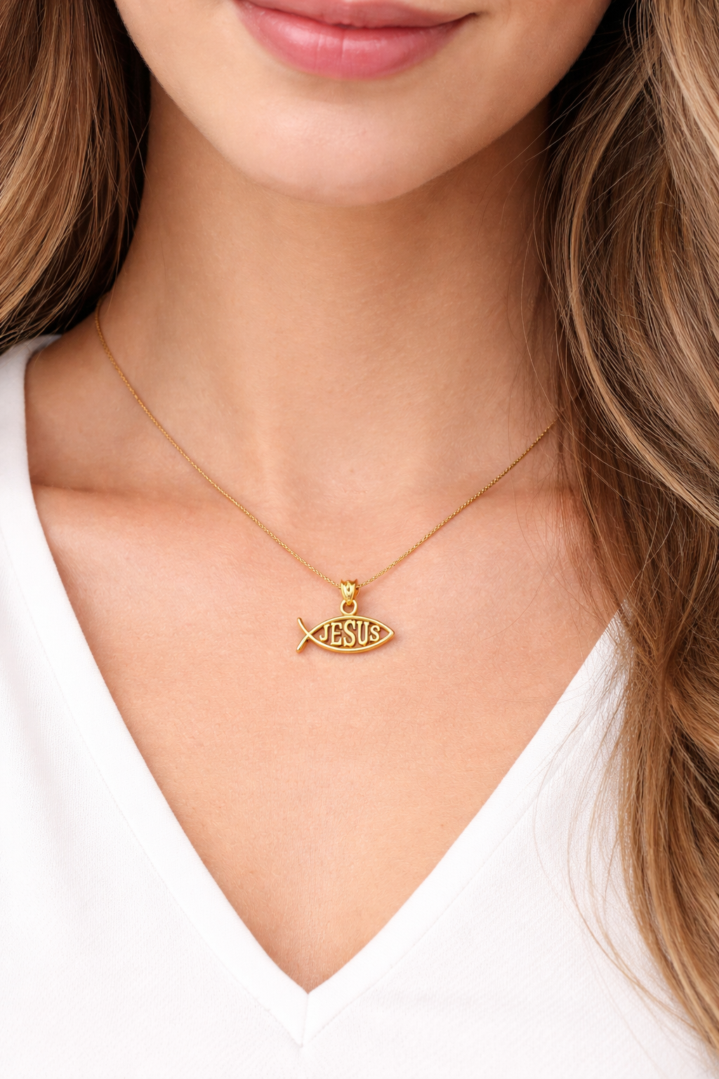 10K Yellow Gold Ichthus Christian Fish Pendant Necklace Charm with JESUS Center, 0.75" x 0.65"