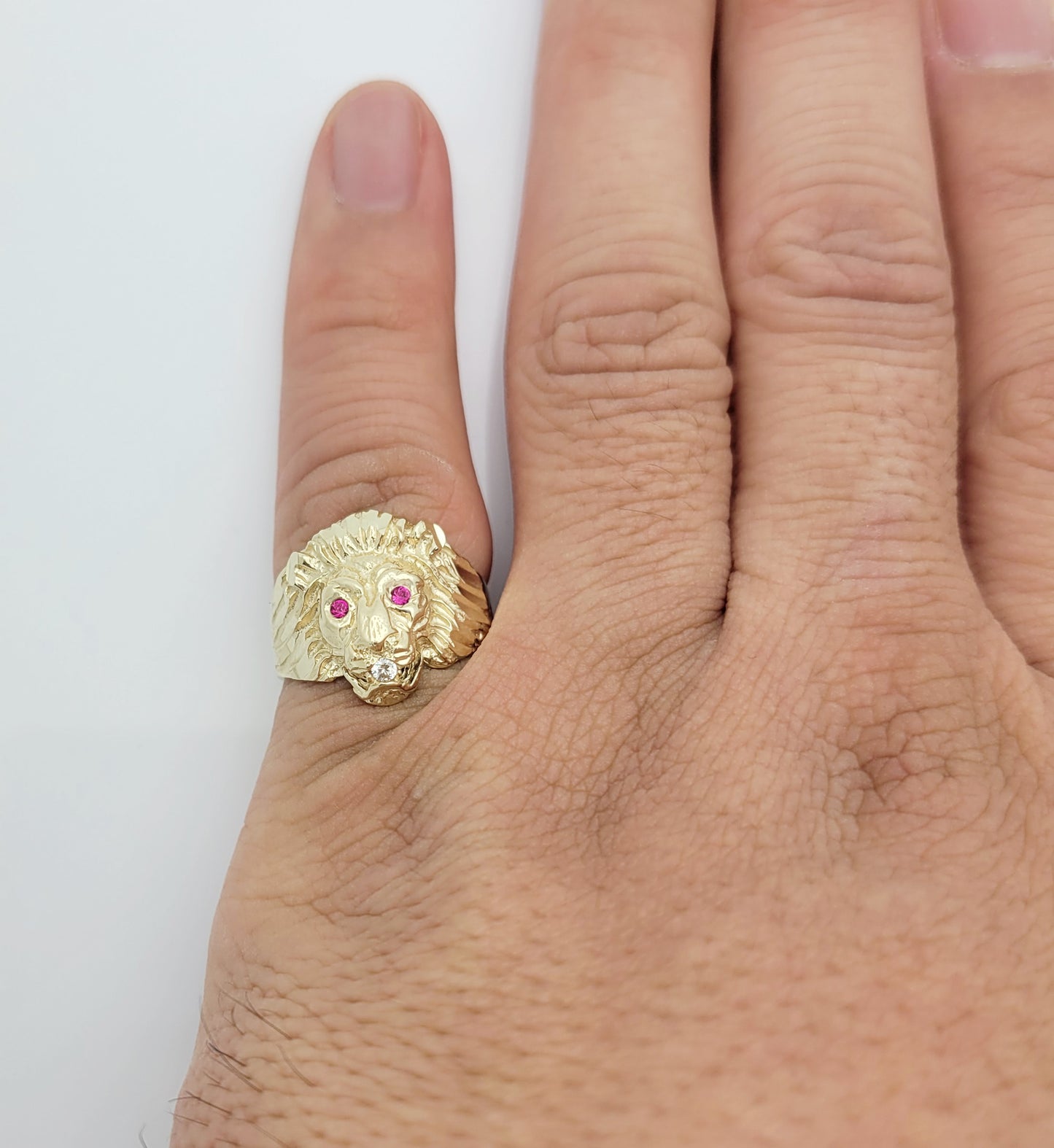 10K Yellow Gold Lion Ring with Red CZ Ring Size 8