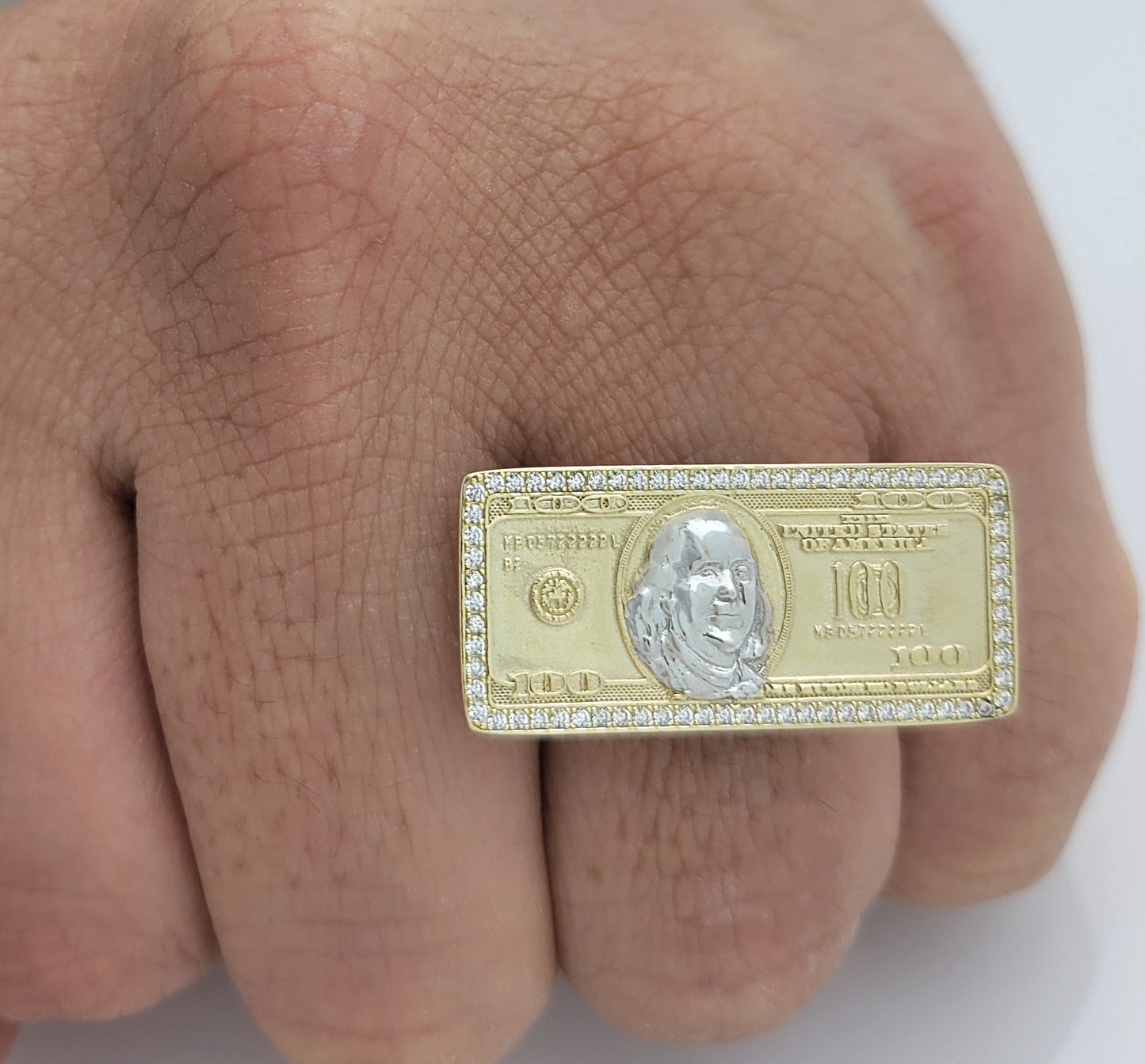 10K Yellow Gold Hundred Dollar Bill Ring Benjamin Franklin Ring With CZ Stones