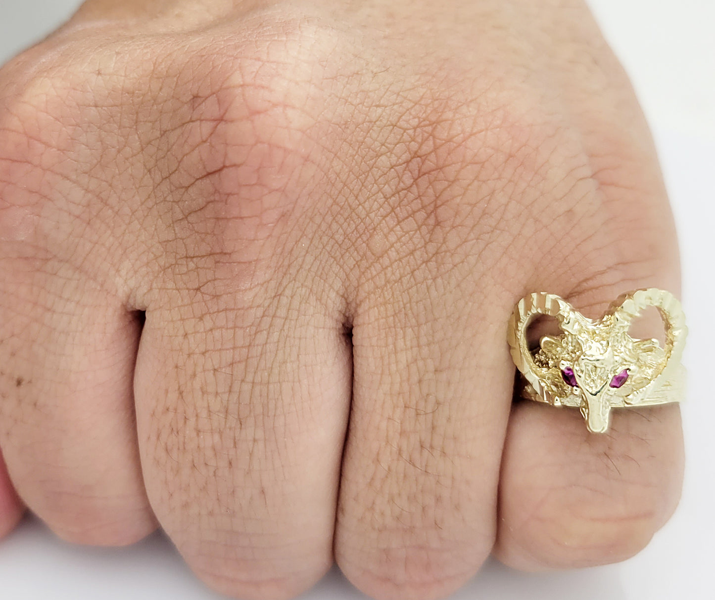Men's 10K Yellow Gold Ram Head Ring - Aries Zodiac Jewelry, Textured Ram Horn Statement Ring for Men, Size 8