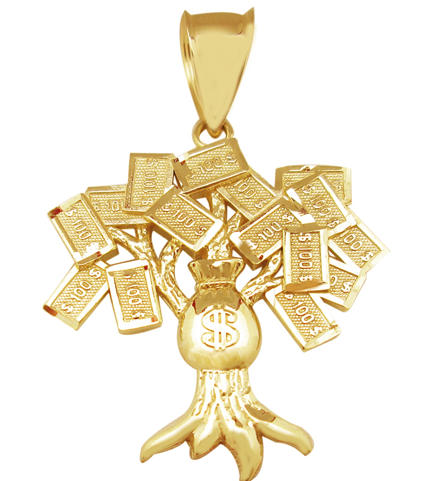 10K Yellow Gold Money Tree Pendant Money Bag Treasure Pendant 1.5 in x 1.0 in