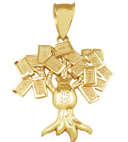 10K Yellow Gold Money Tree Pendant Money Bag Treasure Pendant 1.5 in x 1.2 in