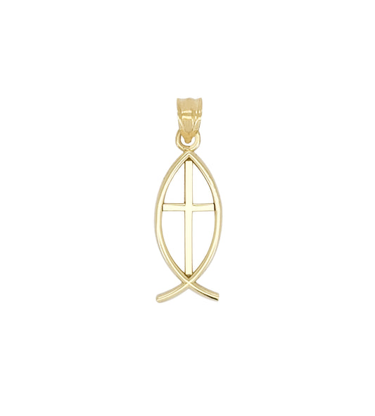 10K Yellow Gold Ichthus Christian Fish Symbol Pendant 1.0 in Plain - Stunu jewelry