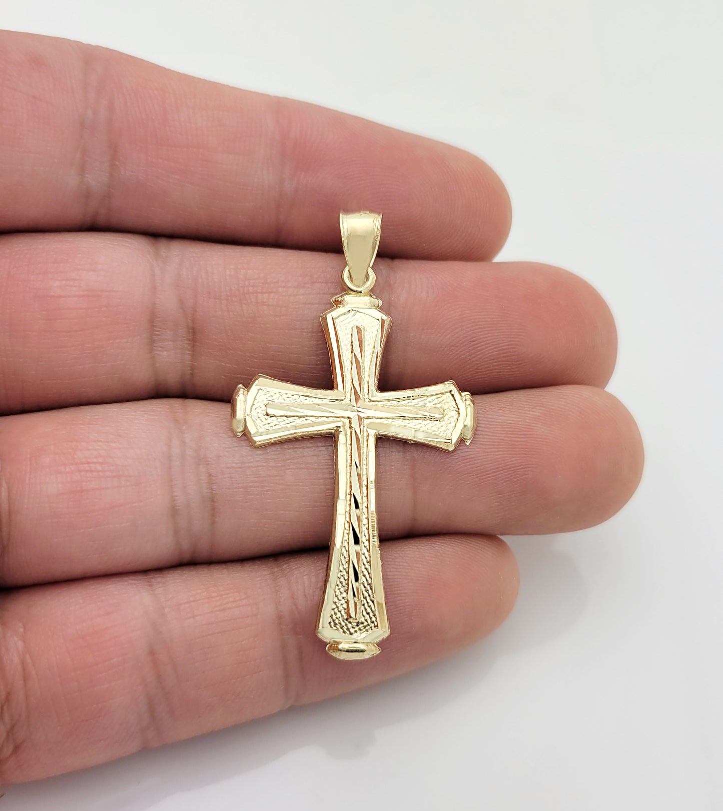 Mens 10k Yellow Gold Cross Pendant Diamond Cut Gold Crucifix Charm 1.8 inch