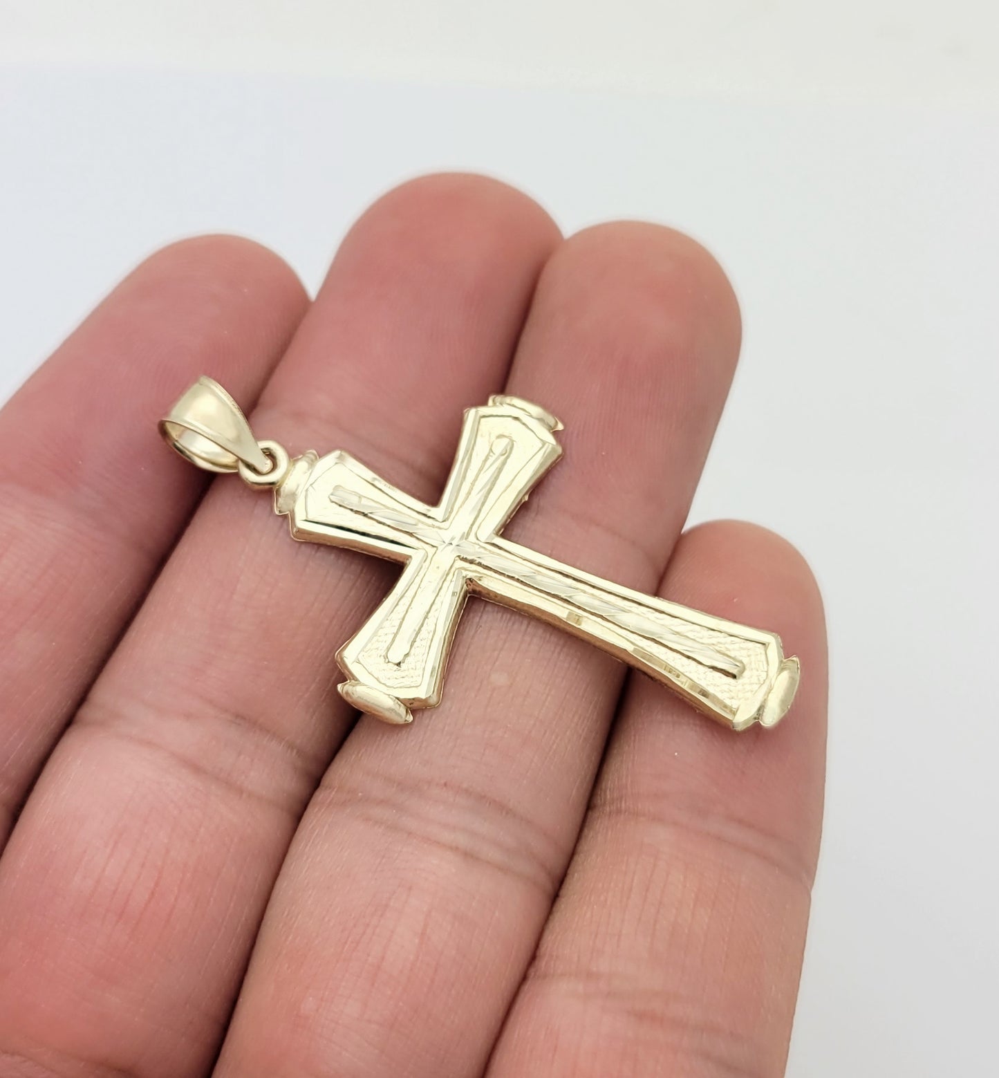 Mens 10k Yellow Gold Cross Pendant Diamond Cut Gold Crucifix Charm 1.8 inch