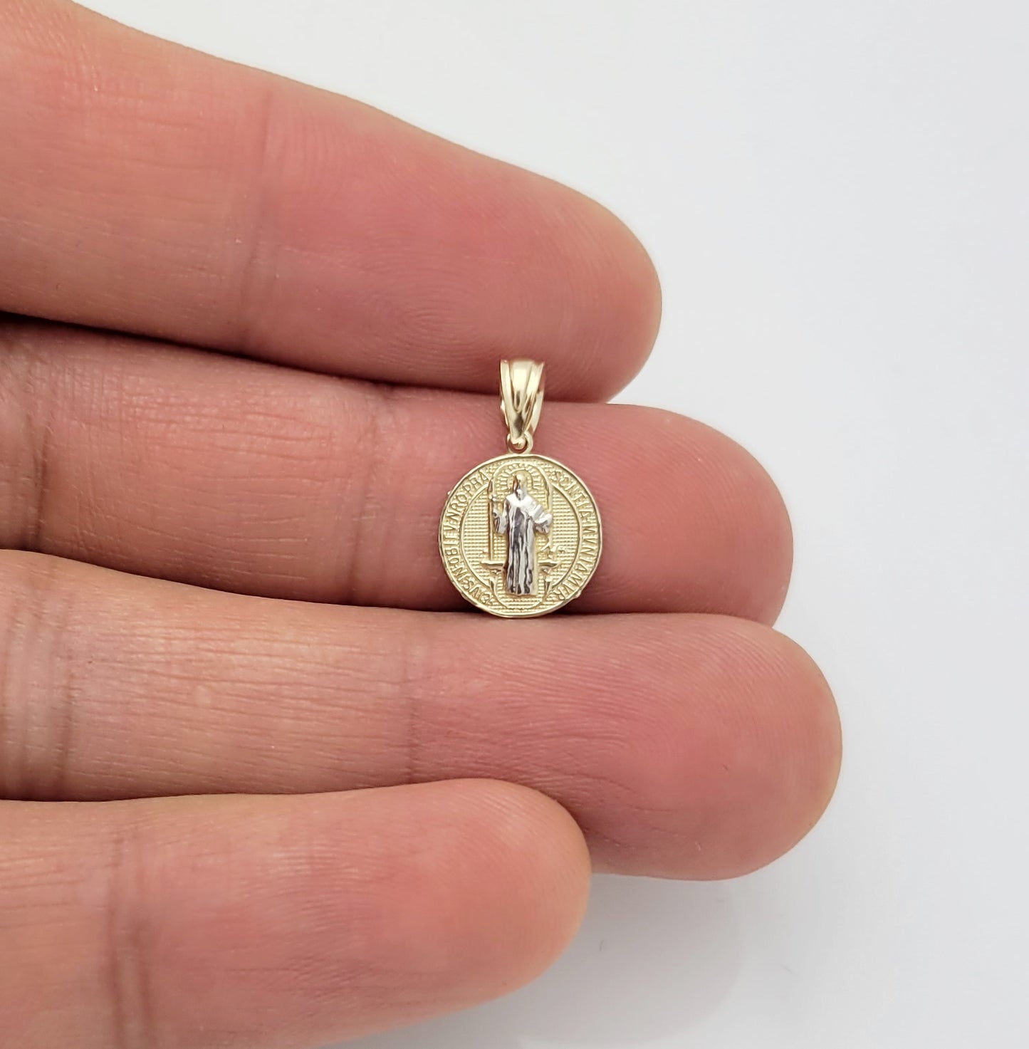 10k Yellow Gold Medalla De San Benito Saint Benedict of Nursia Pendant Charm Small