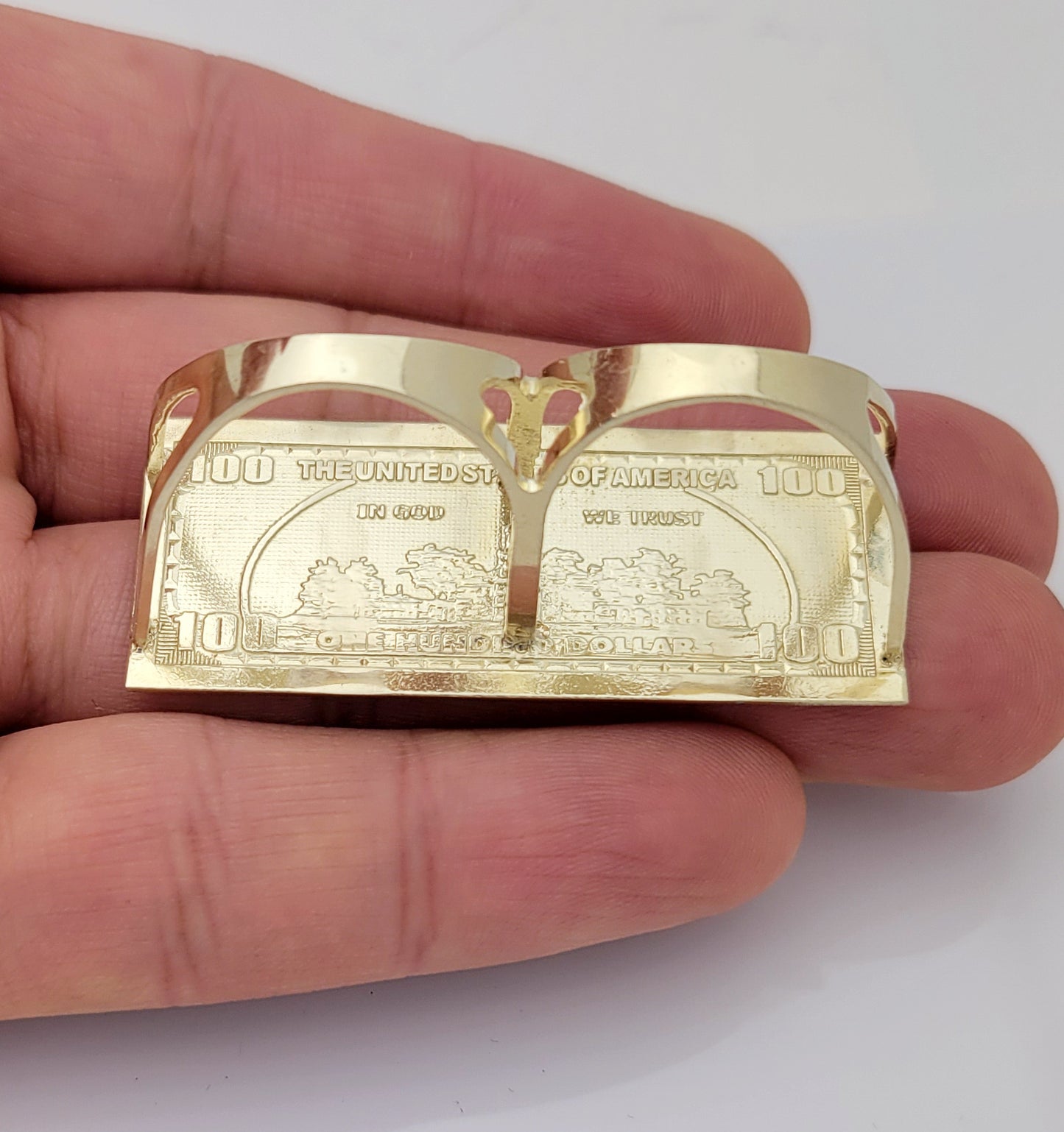 10K Yellow Gold Two Finger Hundred Dollar Bill Ring 2 in x 0.8 in
