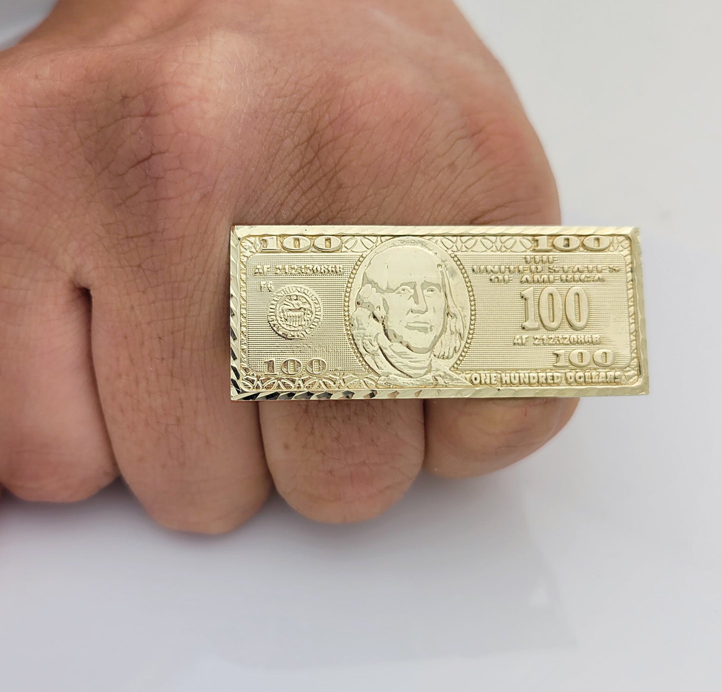 10K Yellow Gold Two Finger Hundred Dollar Bill Ring 2 in x 0.8 in