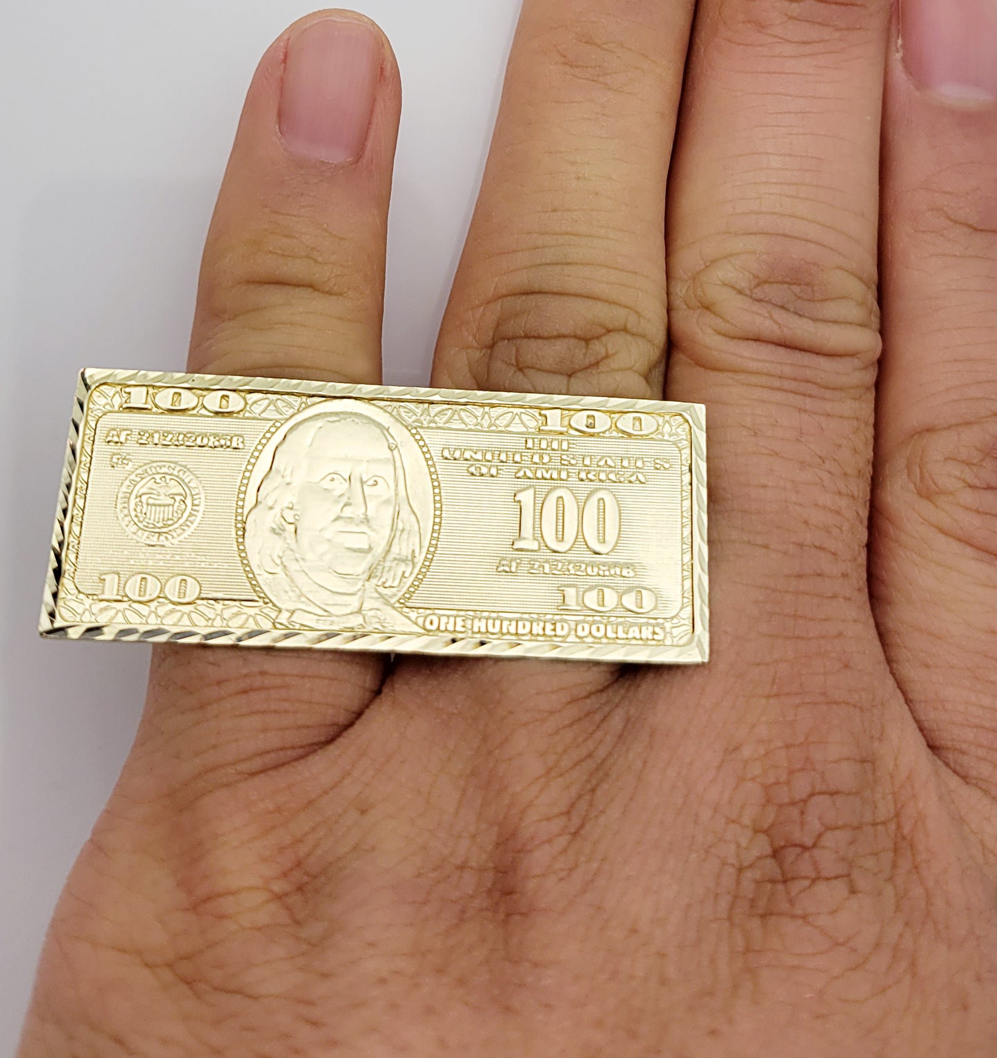 10K Yellow Gold Two Finger Hundred Dollar Bill Ring 2 in x 0.8 in