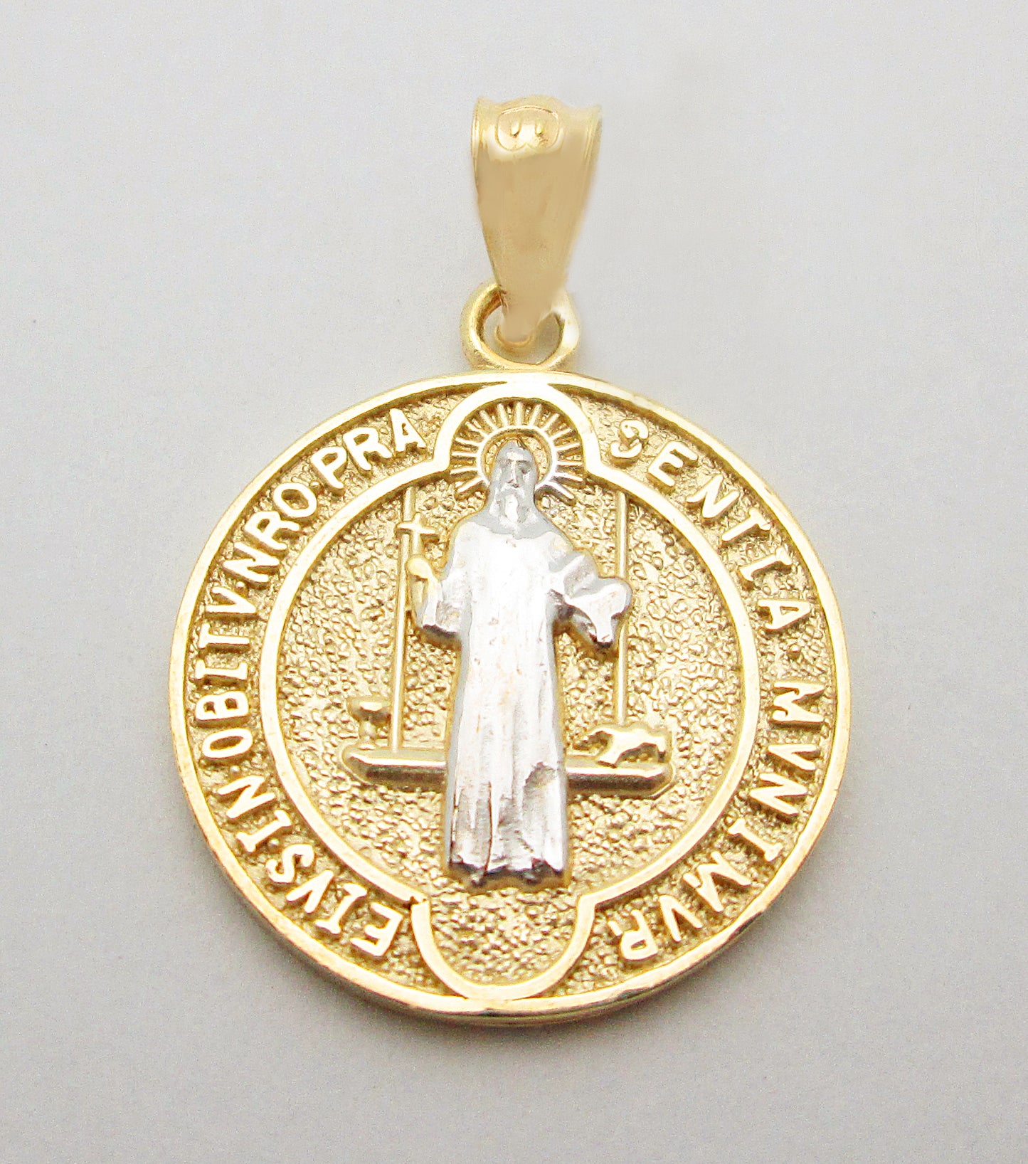 10k Yellow Gold Medalla De San Benito Saint Benedict of Nursia Pendant Charm 16 mm