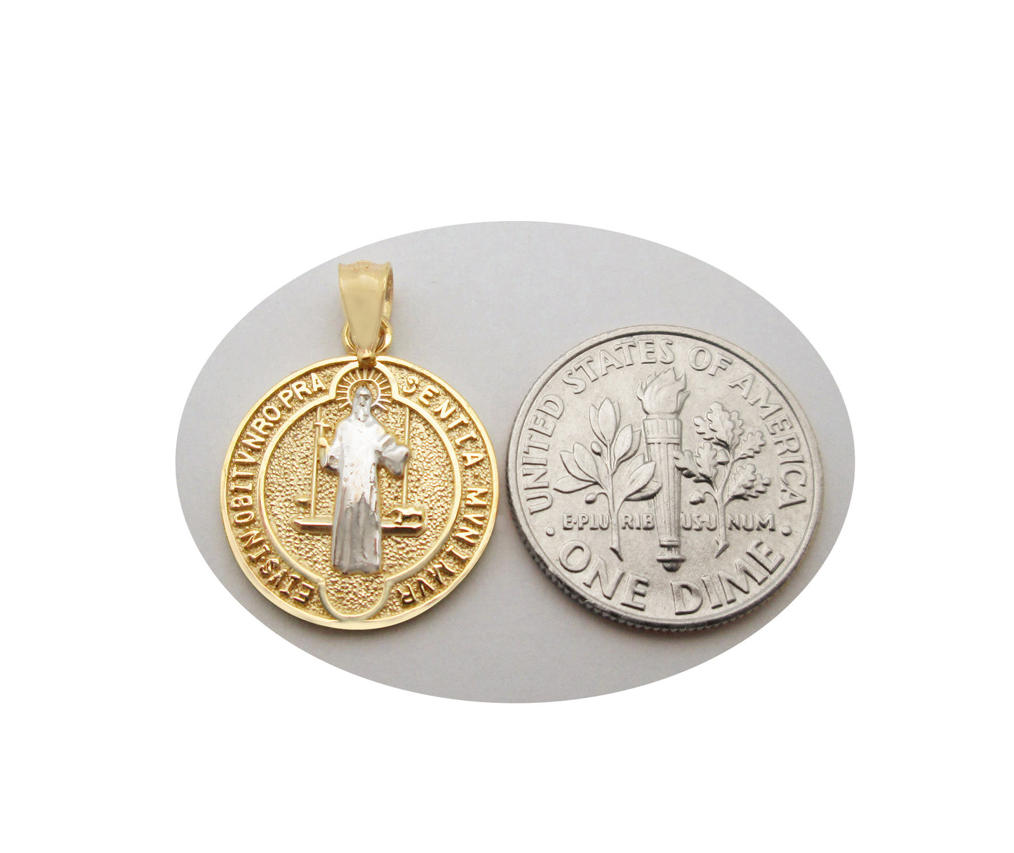 10k Yellow Gold Medalla De San Benito Saint Benedict of Nursia Pendant Charm 16 mm