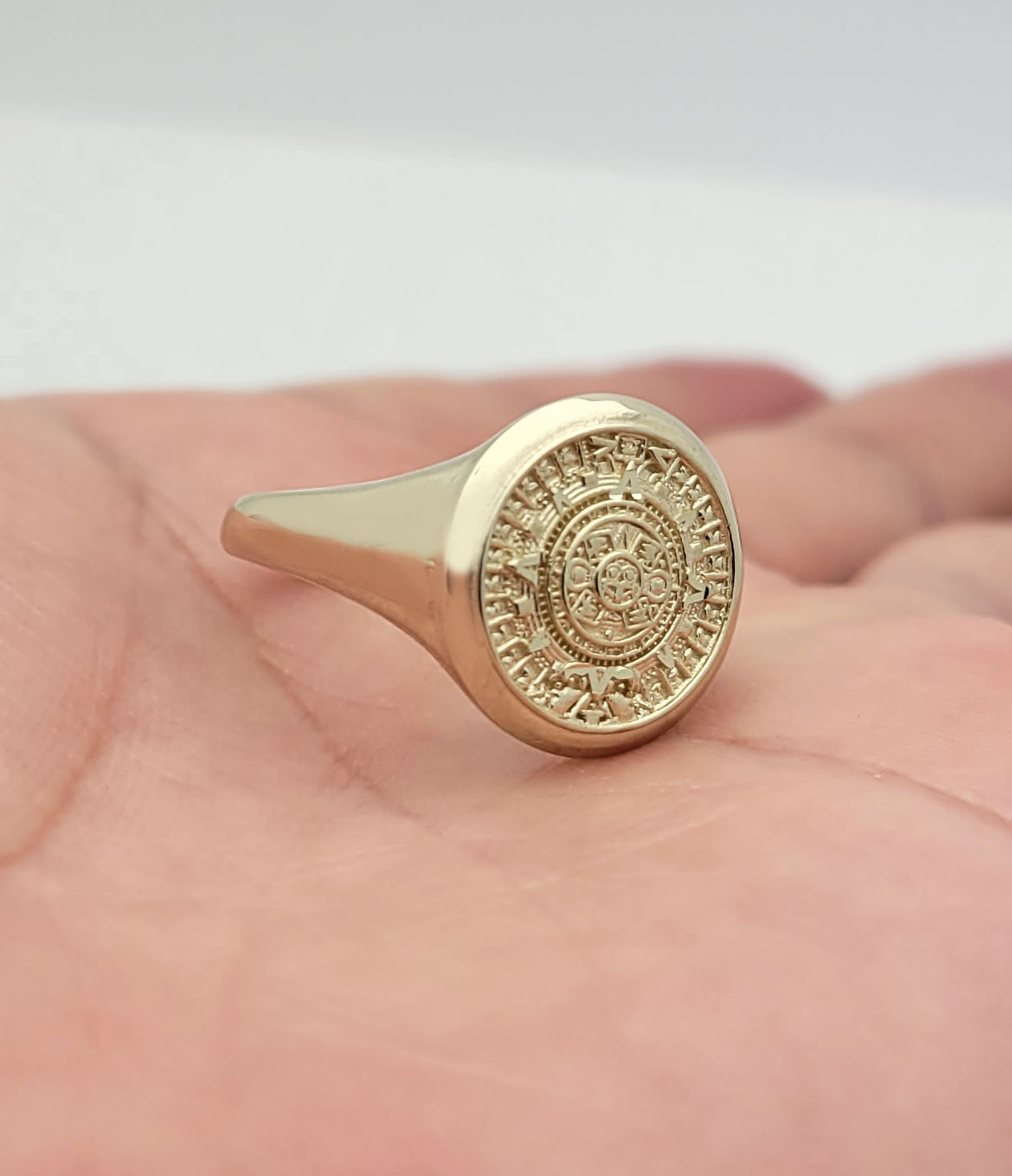10K Yellow Gold Aztec Mayan Calendar Ring Mens Aztec Calendar Gold Ring 16 mm