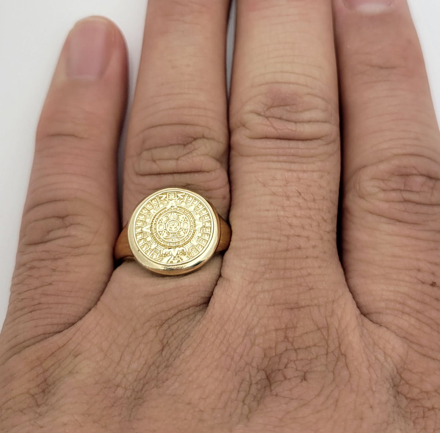 10K Yellow Gold Aztec Mayan Calendar Ring Mens Aztec Calendar Gold Ring 16 mm