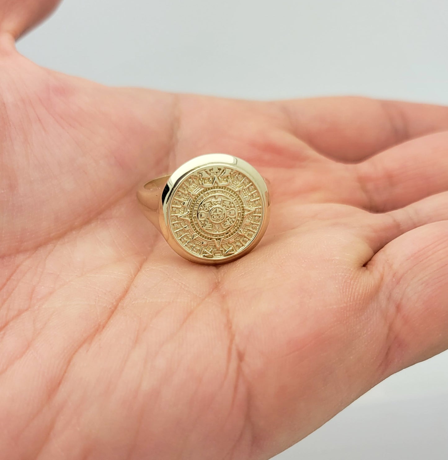 10K Yellow Gold Aztec Mayan Calendar Ring 20 mm Mens Aztec Calendar Gold Ring Size 10.5