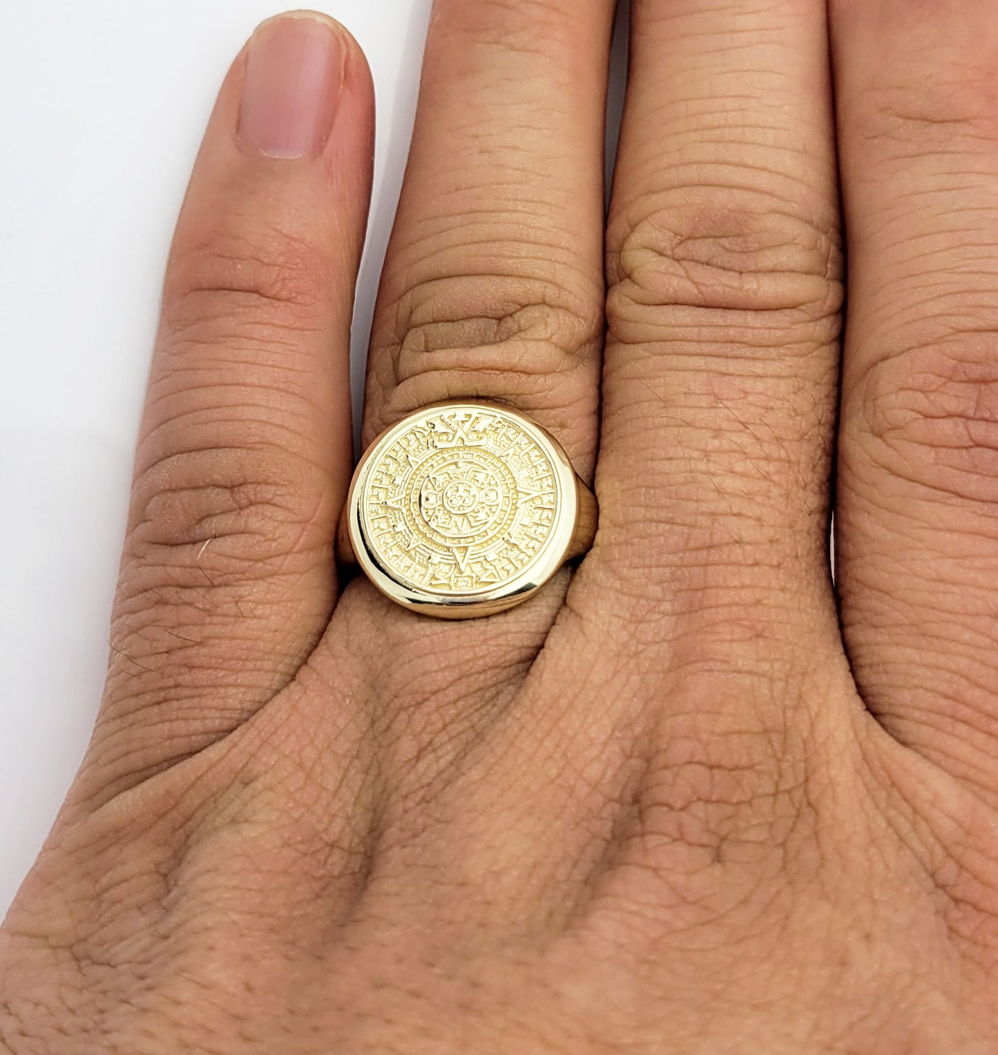 10K Yellow Gold Aztec Mayan Calendar Ring 20 mm Mens Aztec Calendar Gold Ring Size 10.5