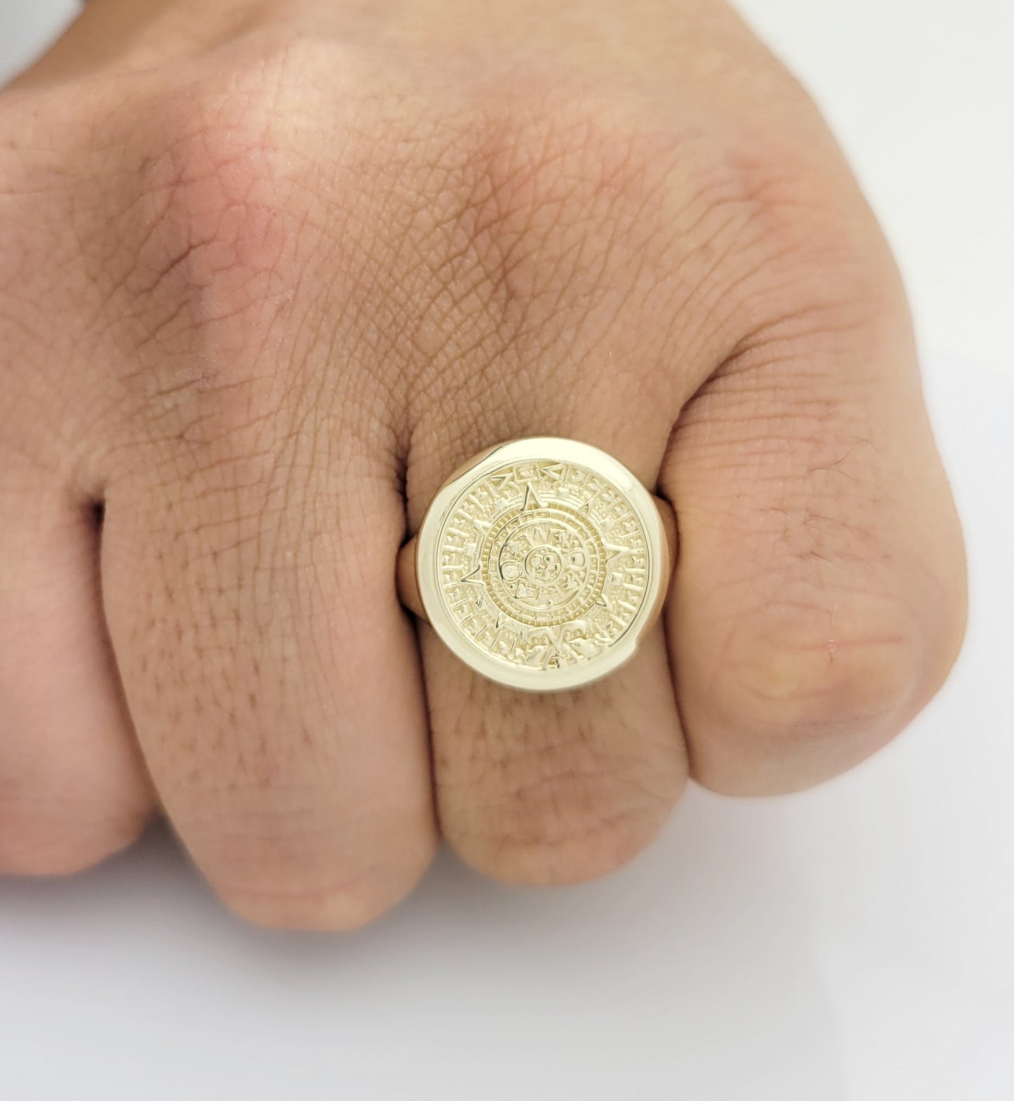 10K Yellow Gold Aztec Mayan Calendar Ring 20 mm Mens Aztec Calendar Gold Ring Size 10.5
