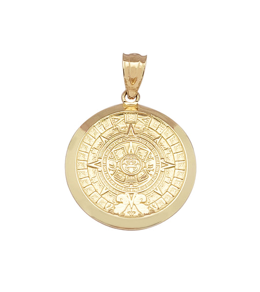 10K Yellow Gold Round Aztec Mayan Calendar Charm Pendant Mayan Gold 19.5 mm Diameter