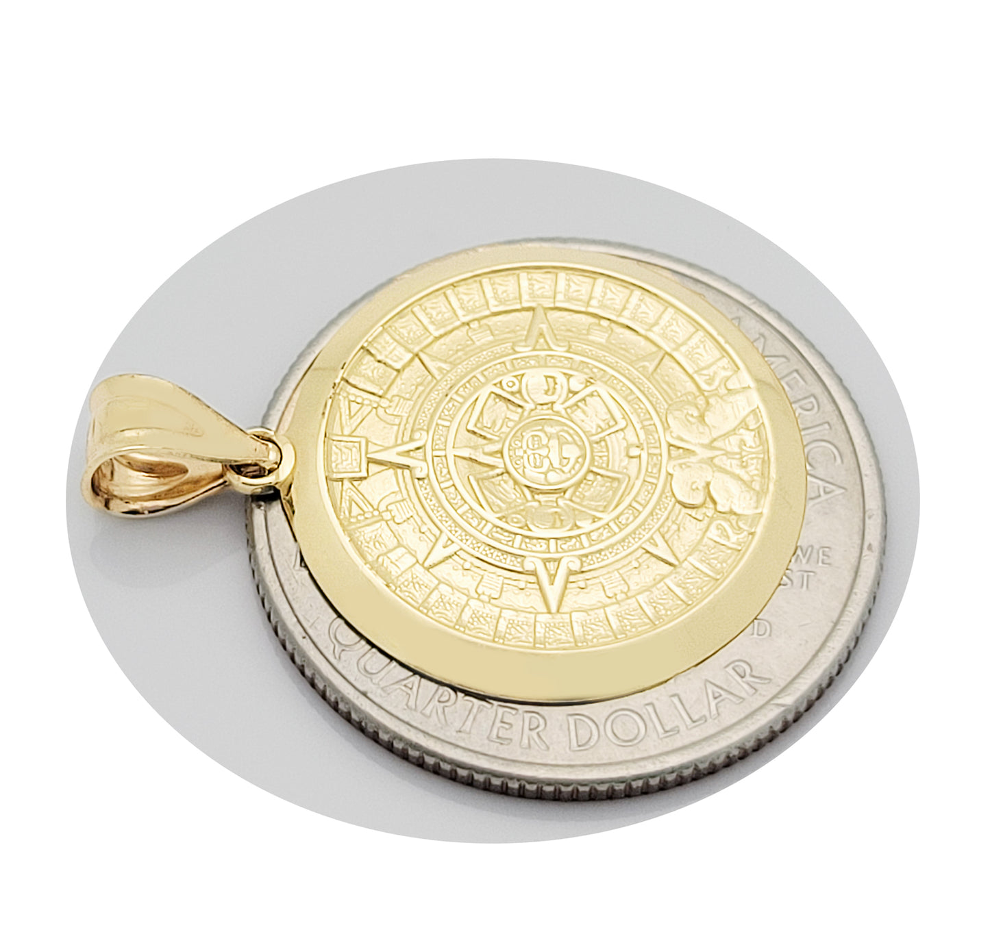 10K Yellow Gold Round Aztec Mayan Calendar Charm Pendant Mayan Gold 19.5 mm Diameter