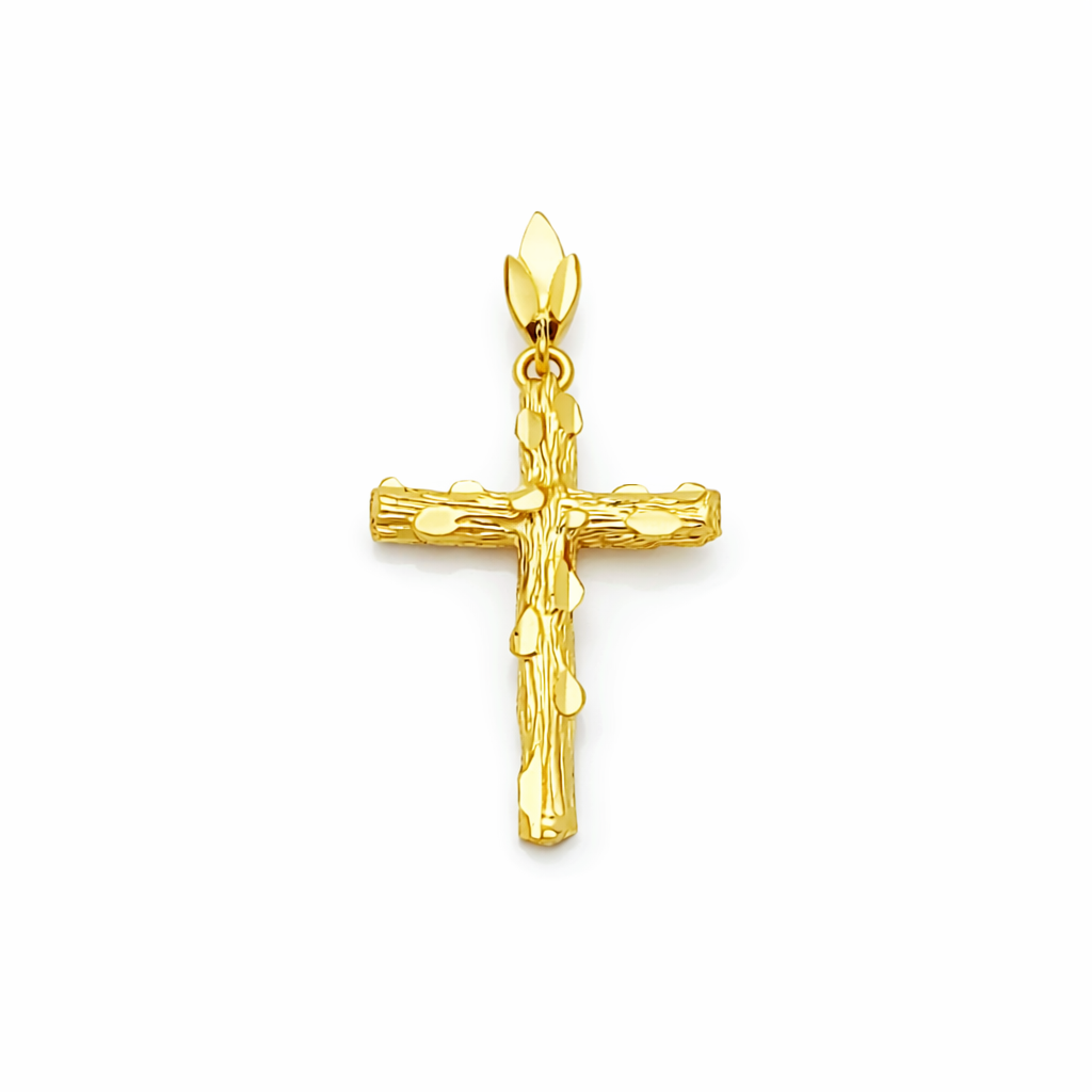 10K Yellow Gold Nugget Cross Pendant, Textured Wood Branch Design, Solid Gold Religious Necklace Charm