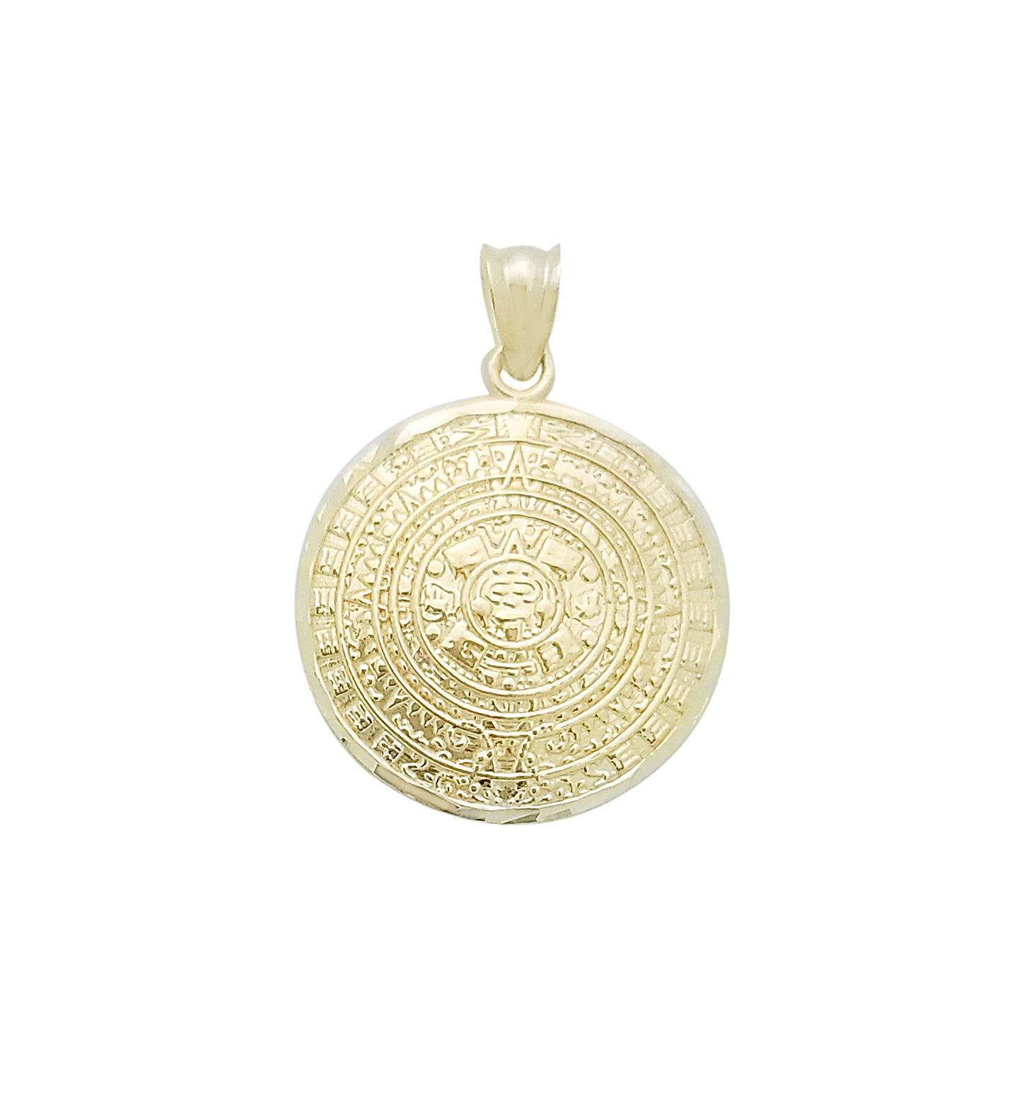 10K Yellow Gold Round Aztec Mayan Calendar Charm Pendant Mayan Gold 0.8 inch Diameter