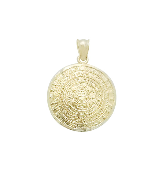 10K Yellow Gold Round Aztec Mayan Calendar Charm Pendant Mayan Gold 0.8 inch Diameter
