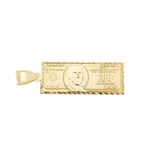 10K Yellow Gold Hundred Dollar Bill Pendant Benjamin Franklin Bill Charm 2.0 in x 0.65 in