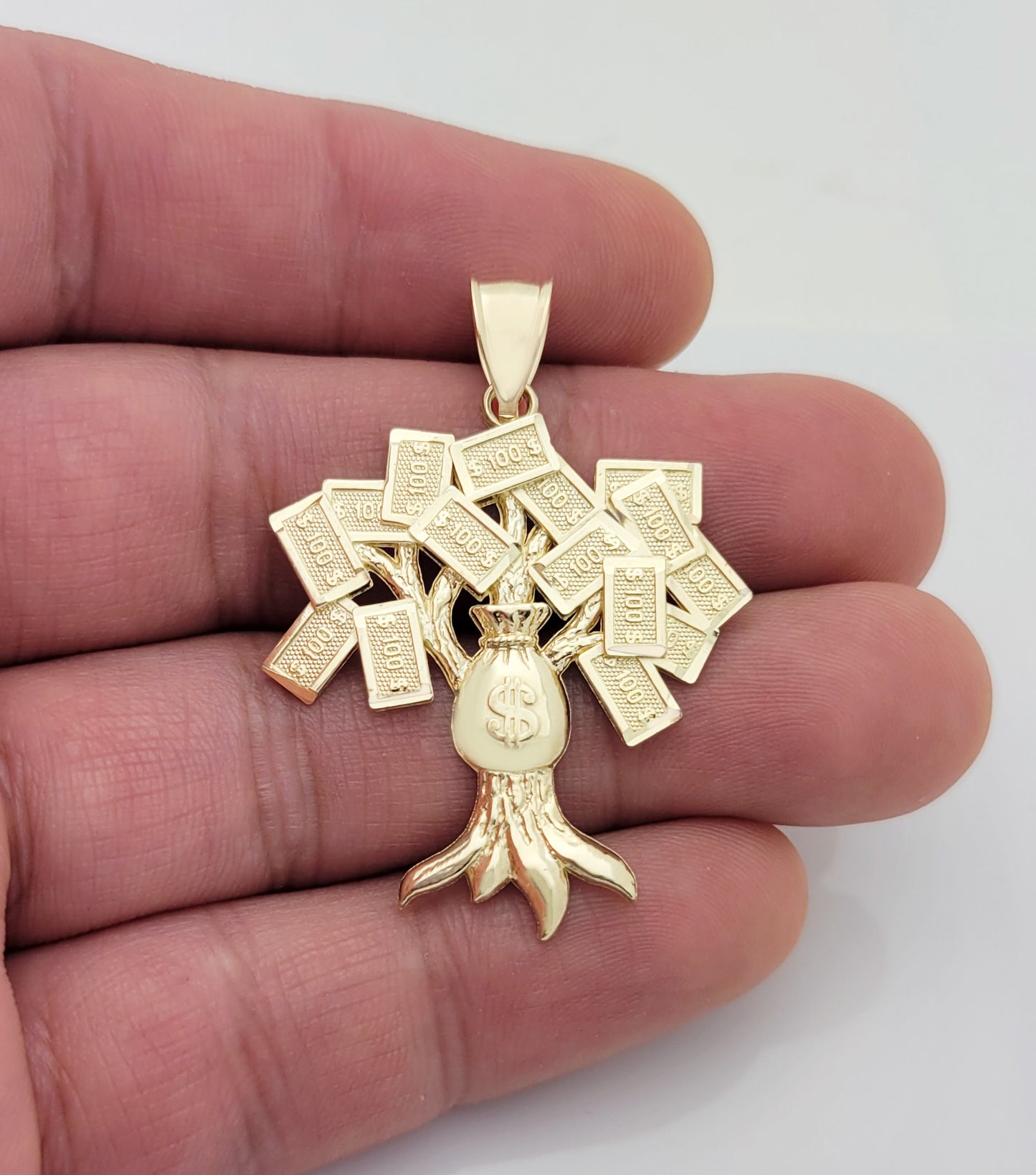 10K Yellow Gold Money Tree Pendant Money Bag Treasure Pendant 1.5 in x 1.2 in