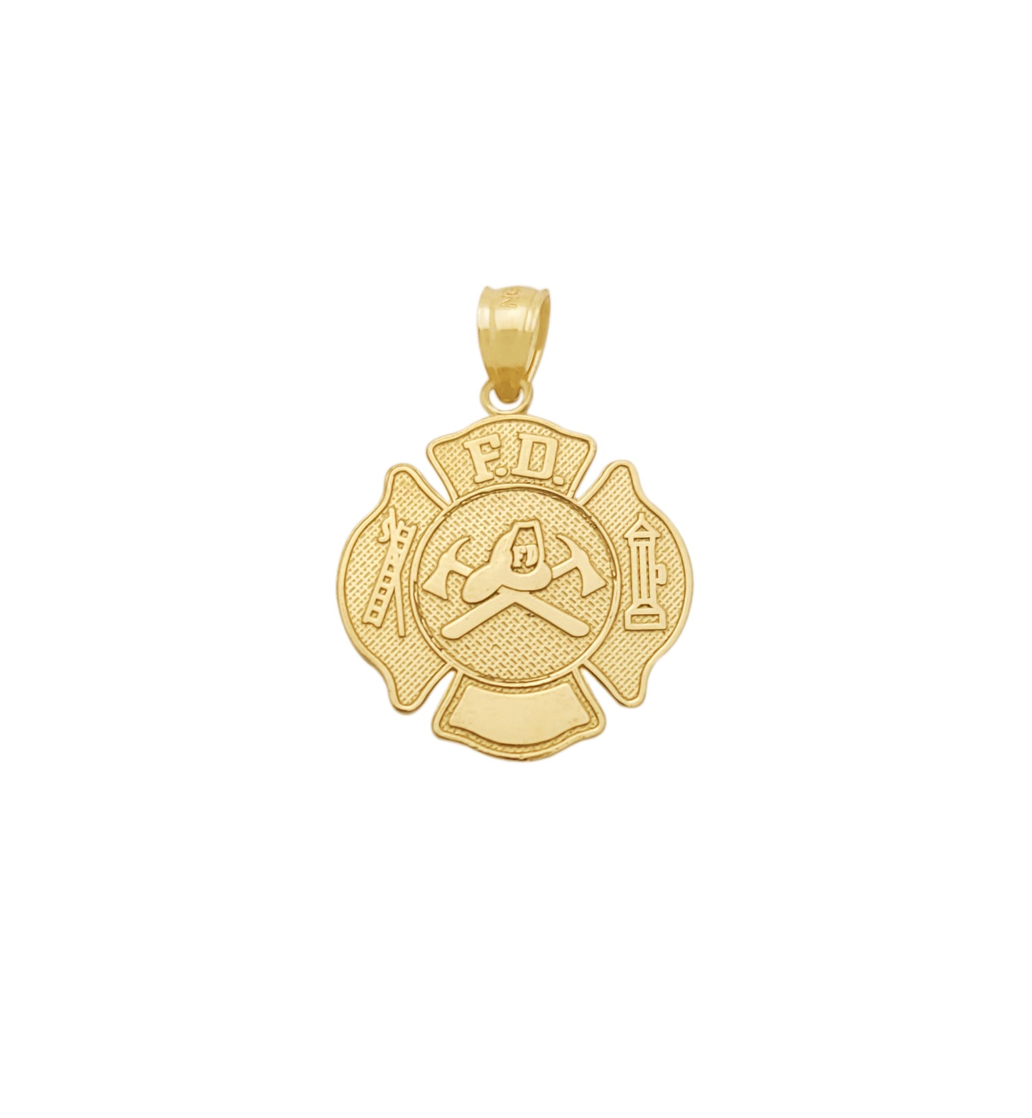 10K Yellow Gold Fireman Firefighter Badge Pendant Fire Dept Charm F.D Charm Firemen's Hat And Axes