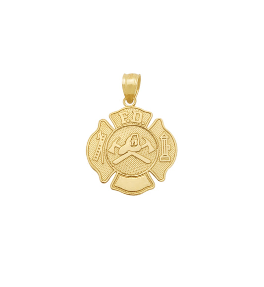 10K Yellow Gold Fireman Firefighter Badge Pendant Fire Dept Charm F.D Charm Firemen's Hat And Axes