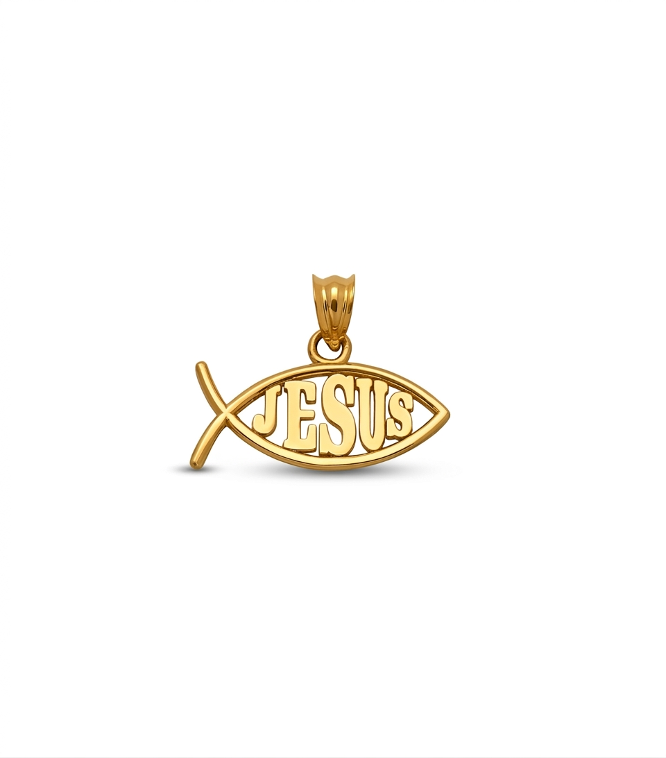 10K Yellow Gold Ichthus Christian Fish Pendant Necklace Charm with JESUS Center, 0.75" x 0.65"