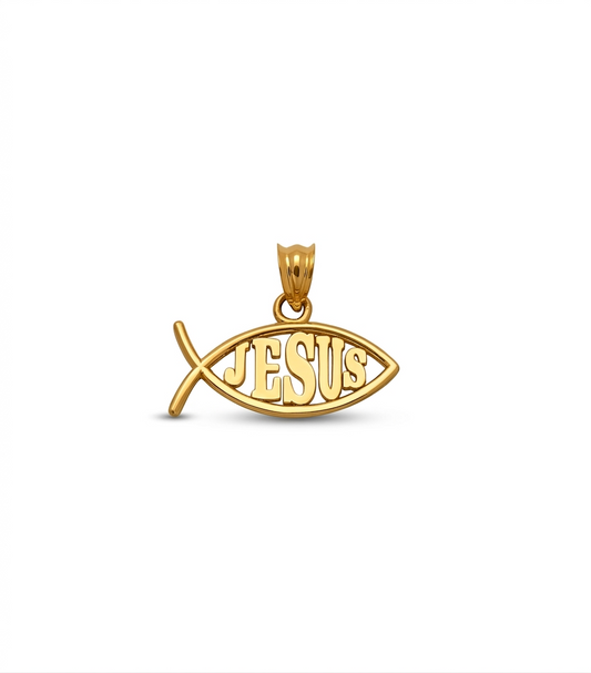 10K Yellow Gold Ichthus Christian Fish Pendant Necklace Charm with JESUS Center, 0.75" x 0.65"