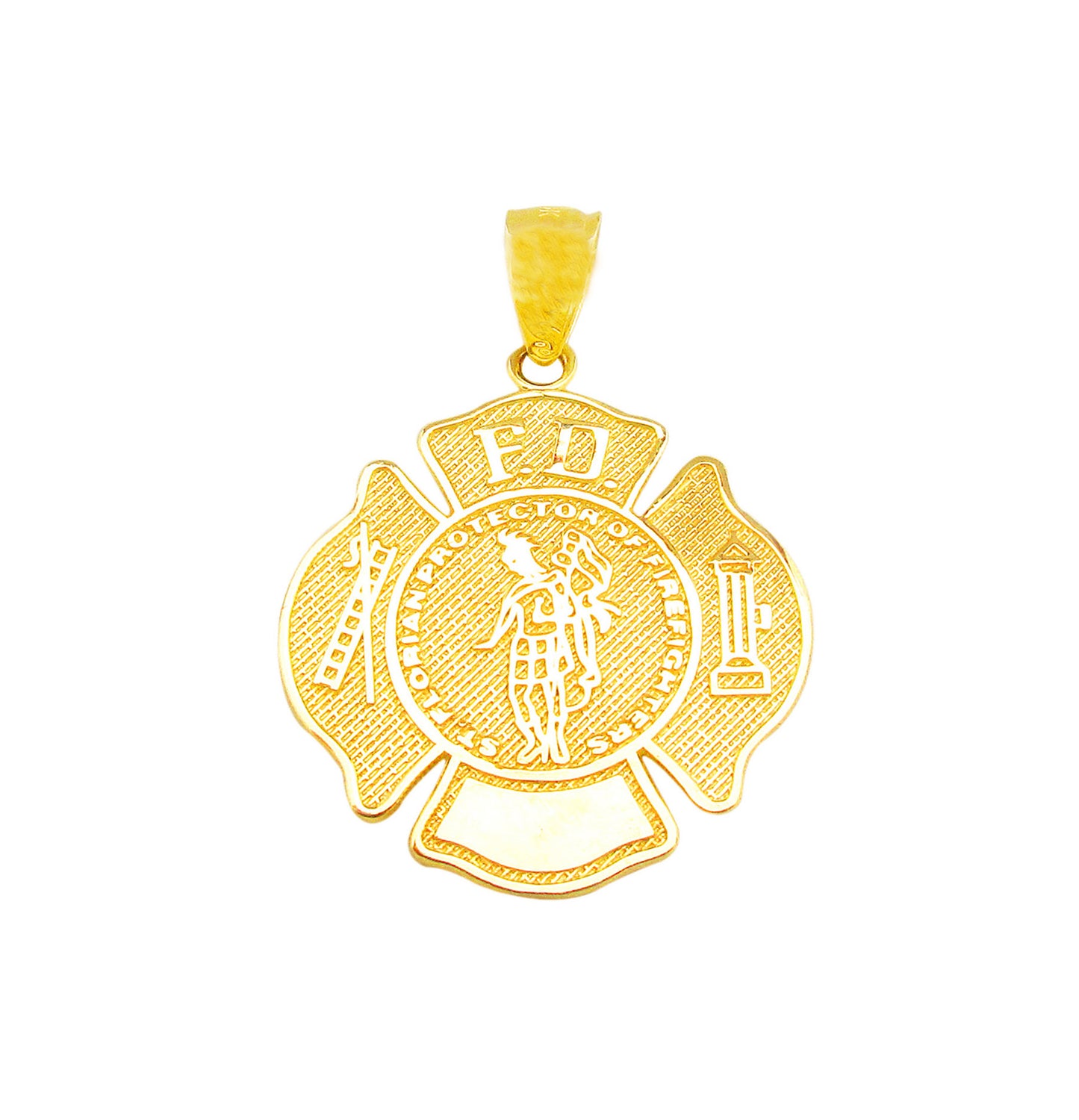 10K Yellow Gold St. Florian Patron Saint of Firefighters Pendant, Maltese Cross Fire Department Badge Charm for Necklace