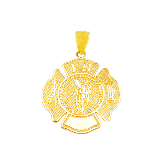 10K Yellow Gold St. Florian Patron Saint of Firefighters Pendant, Maltese Cross Fire Department Badge Charm for Necklace