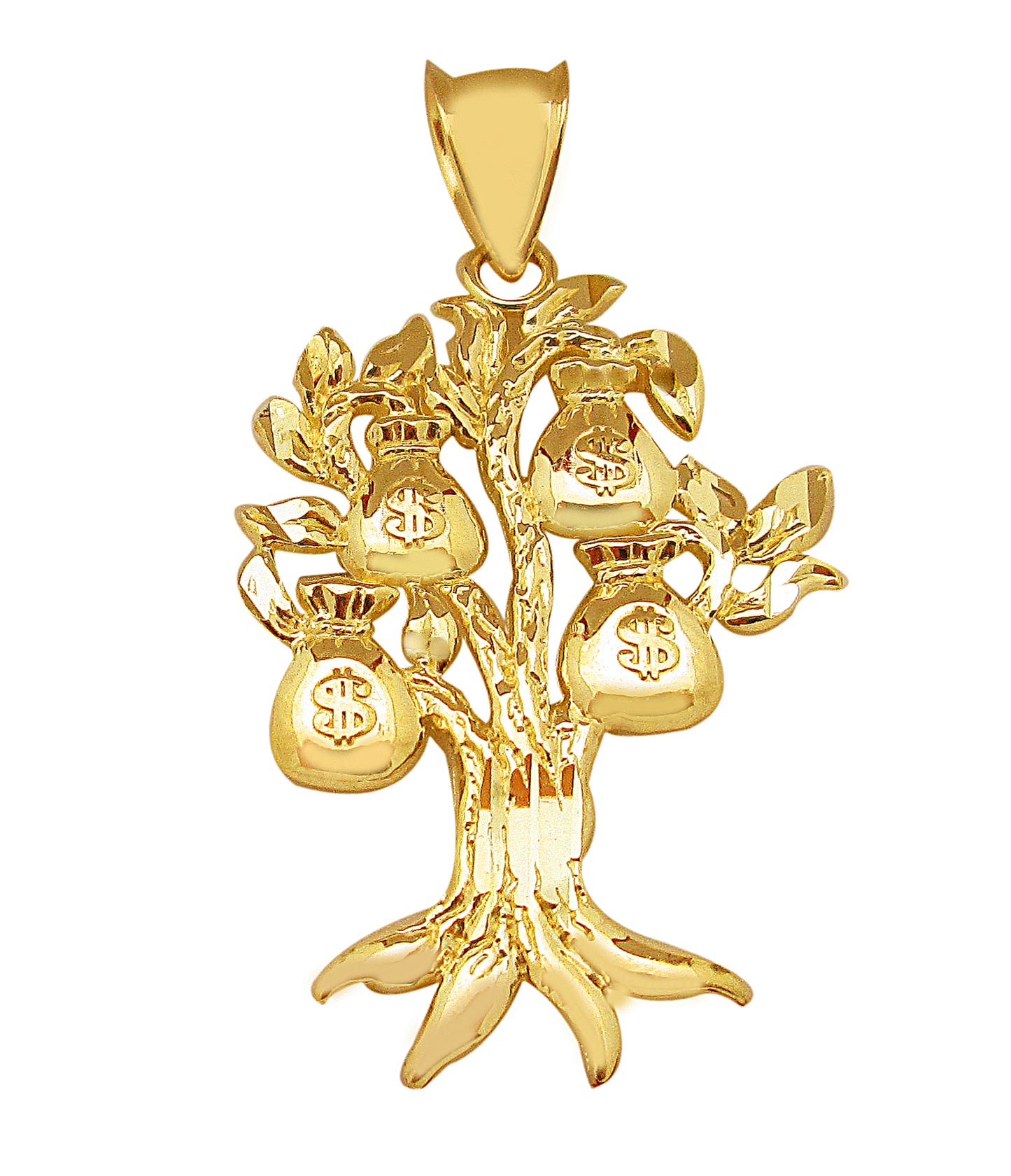 10K Yellow Gold Money Bag Tree Pendant Money Bag Treasure Pendant 1.7 in x 0.9 in