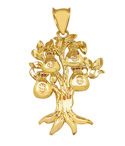 10K Yellow Gold Money Bag Tree Pendant Money Bag Treasure Pendant 1.7 in x 0.9 in