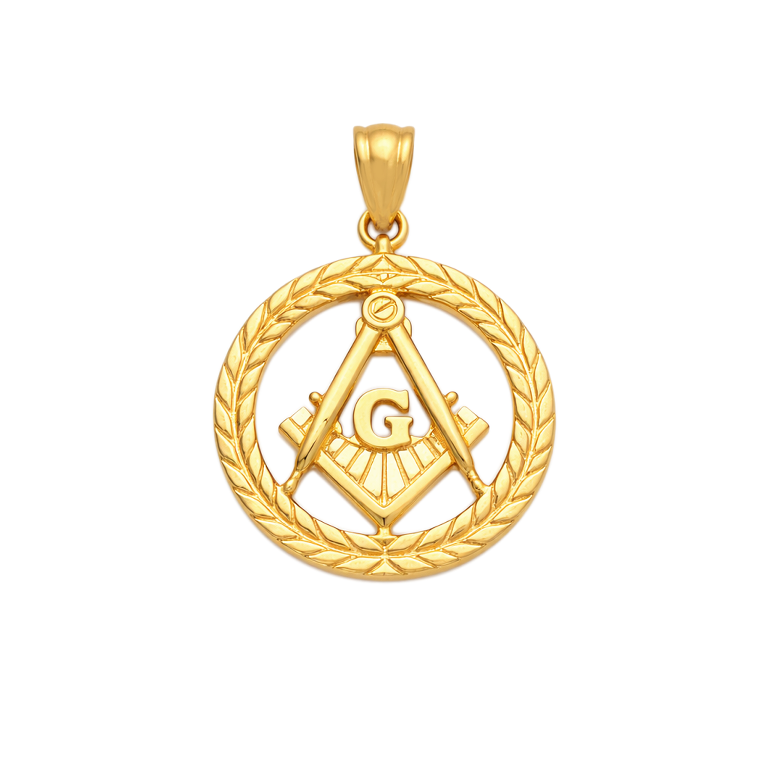 10K Solid Yellow Gold Masonic Round Pendant, Freemason Compass & Square with G, 16mm Circle Charm - Stunu jewelry